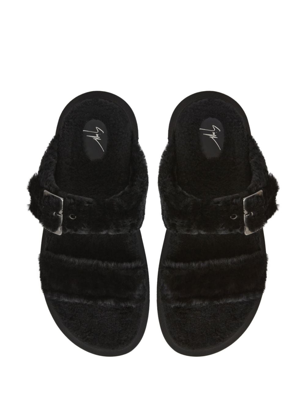 Furry buckled sheepskin slides - 4
