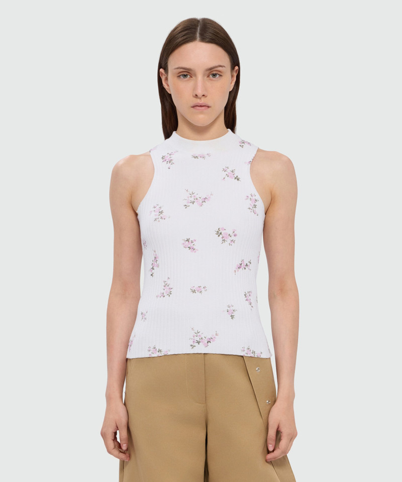 MSGM White ribbed techno-viscose top with "Cracked Flowers Bouquet" print outlook