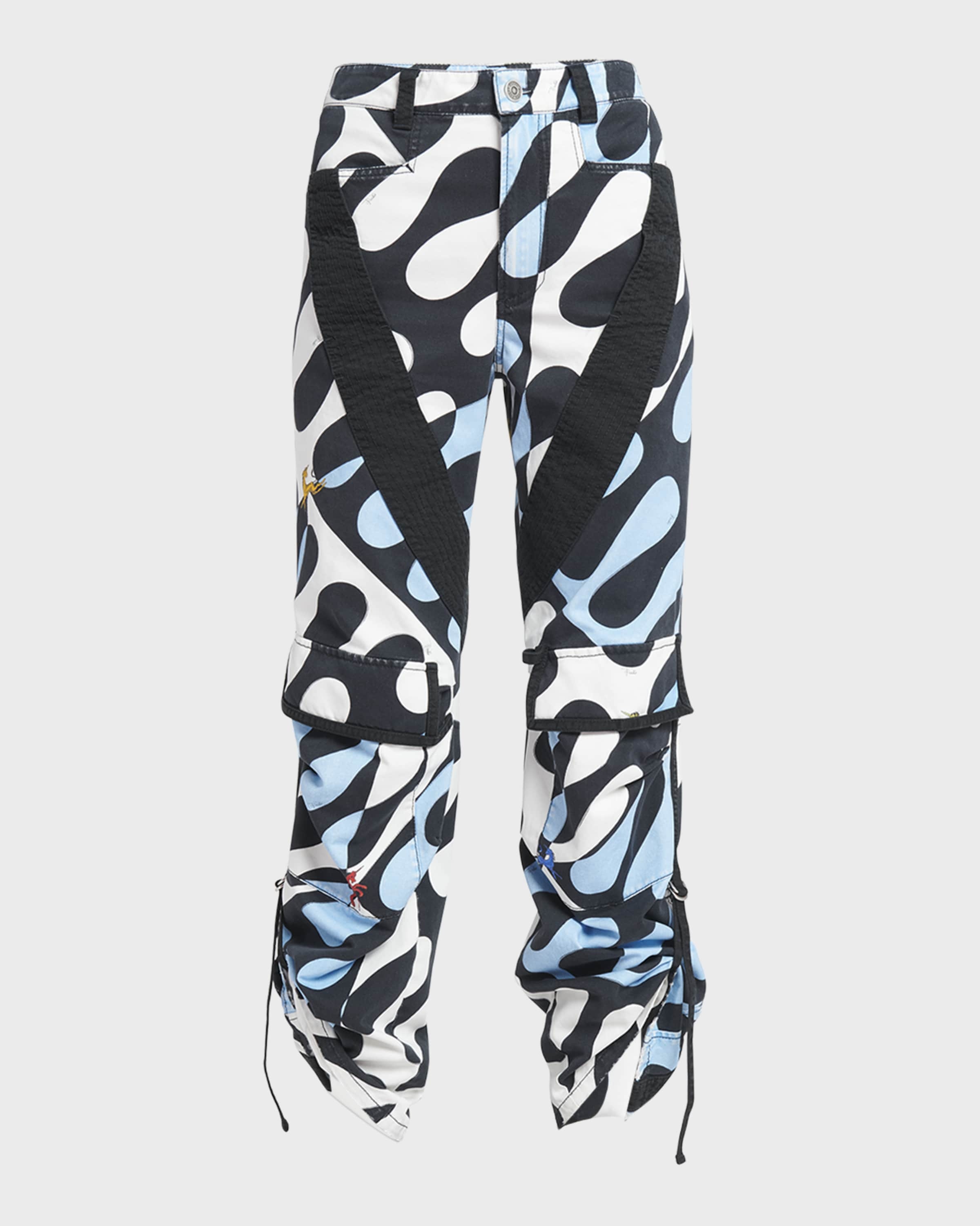 Mid-Rise Abstract-Print Straight-Leg Roll-Hem Cargo Trousers - 1