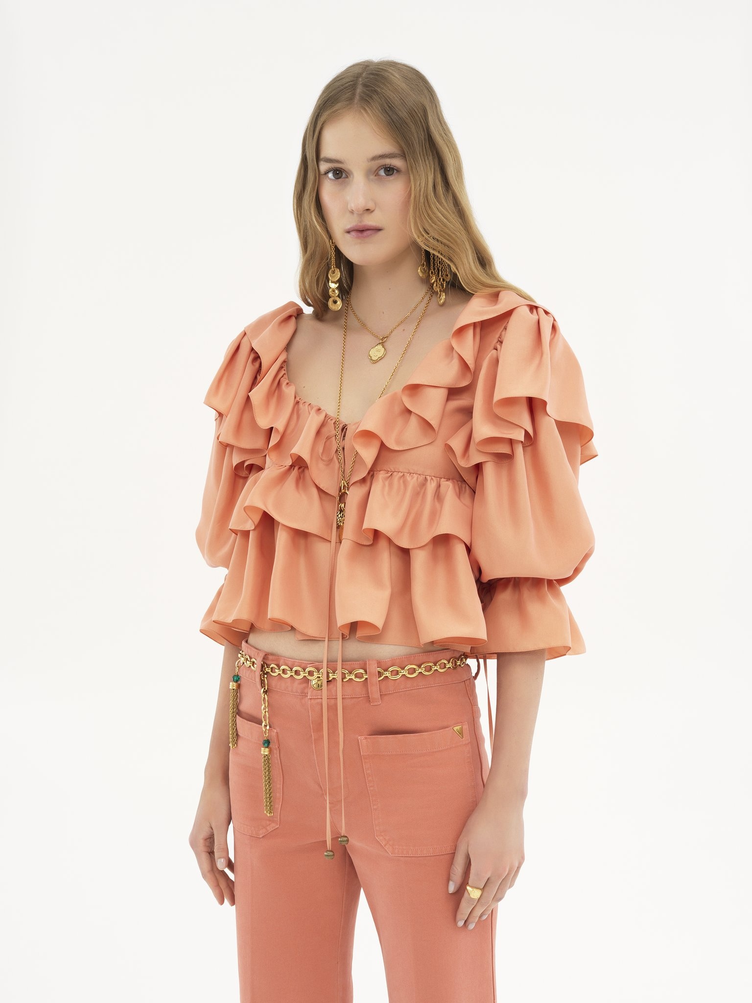 CROPPED RUFFLE TOP IN WASHED SILK POPLIN - 4
