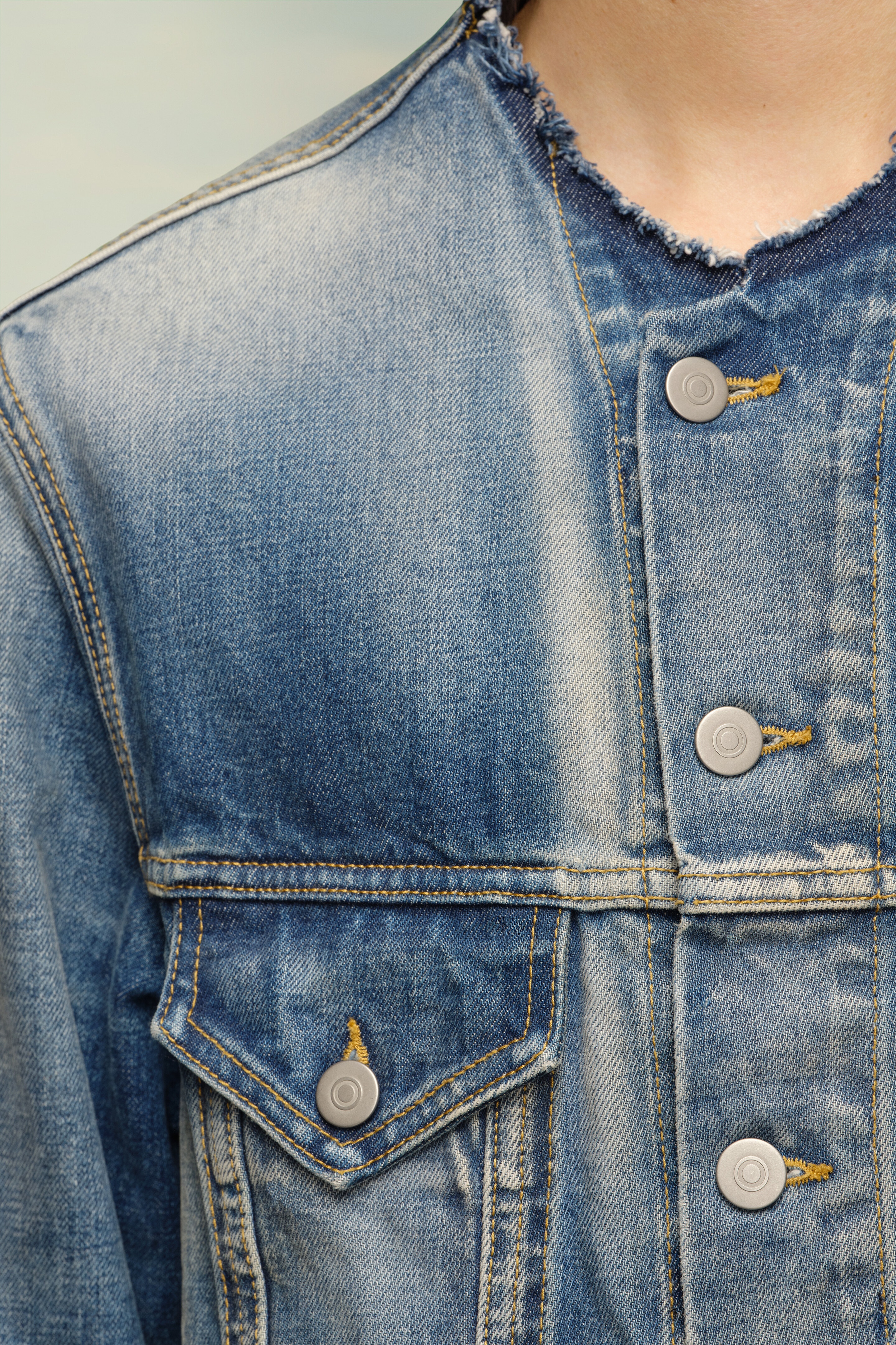 Cropped Collarless Denim Jacket - 6