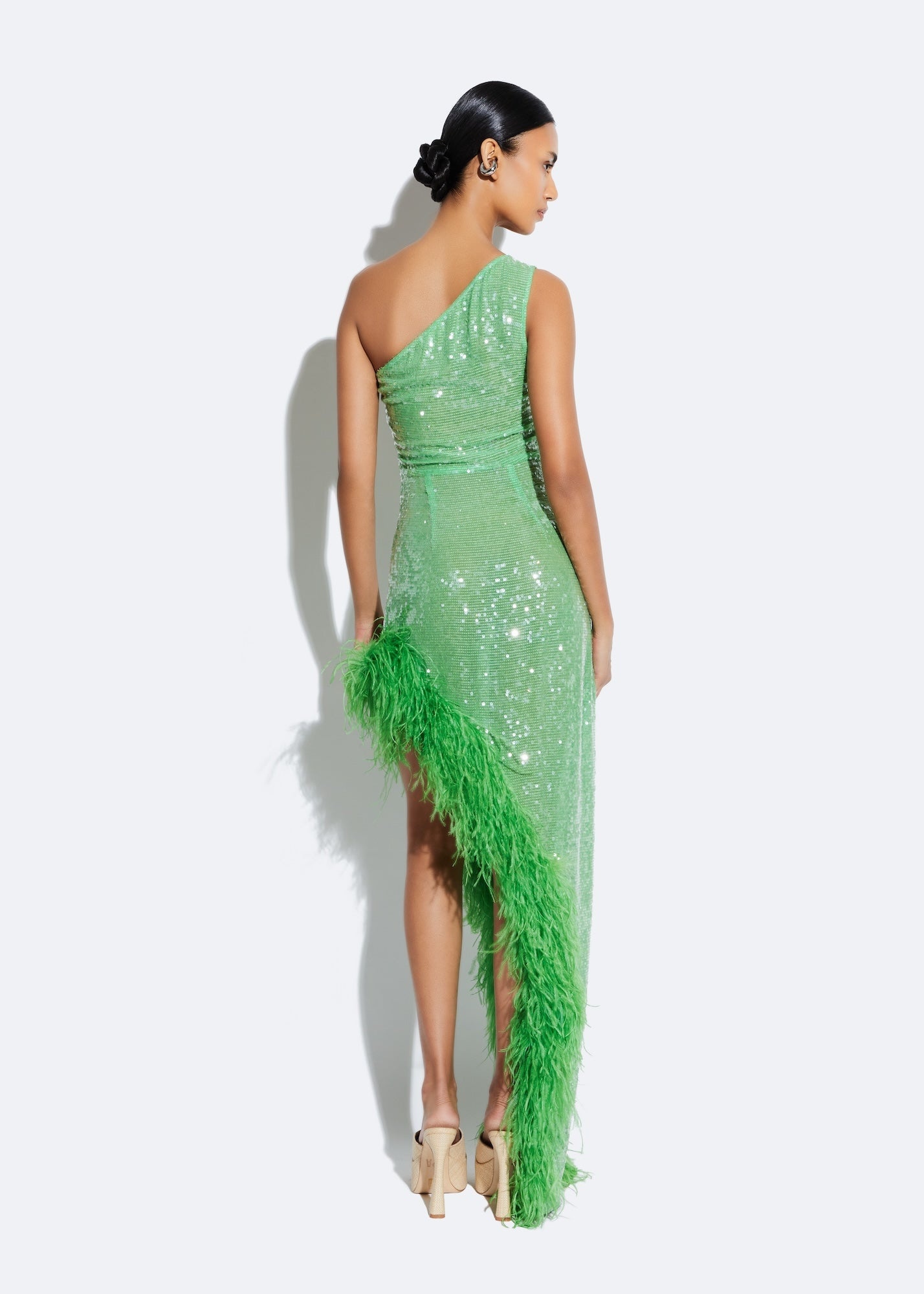 Sequin Sleeveless One Shoulder Dress With Feathers - 4