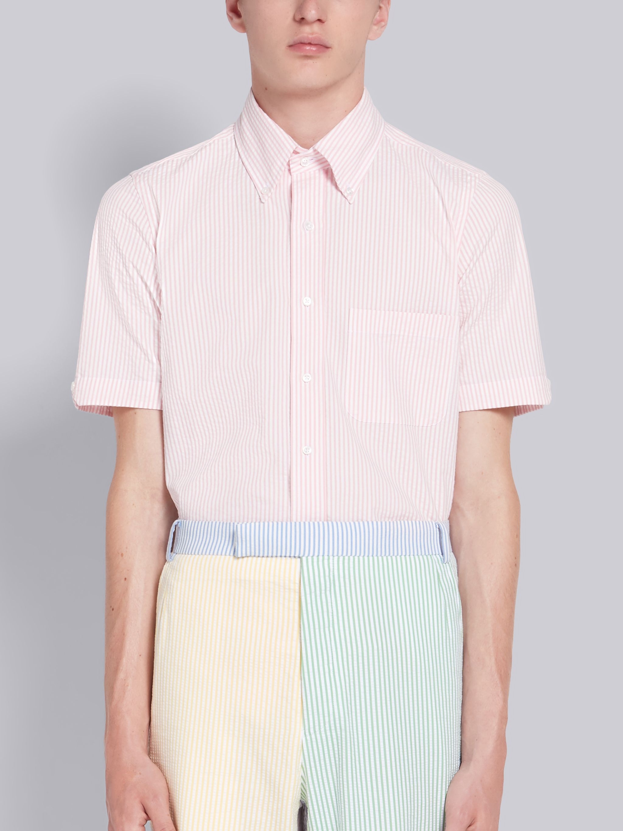 Pink Seersucker Stripe Short Sleeve Shirt - 1