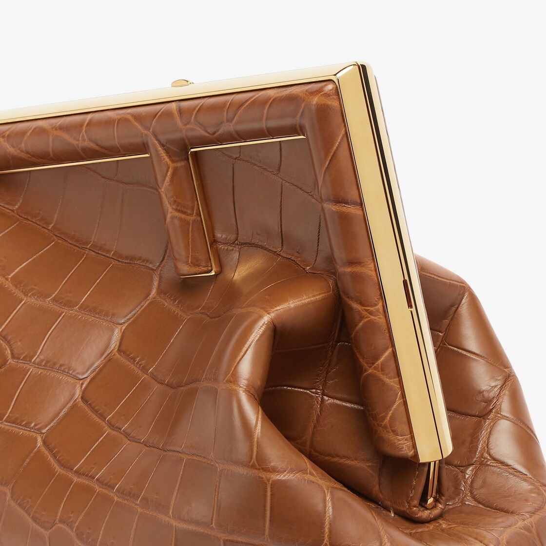 Medium Fendi First bag in exquisite brown crocodile leather with an oversized F metal clasp with ton - 5