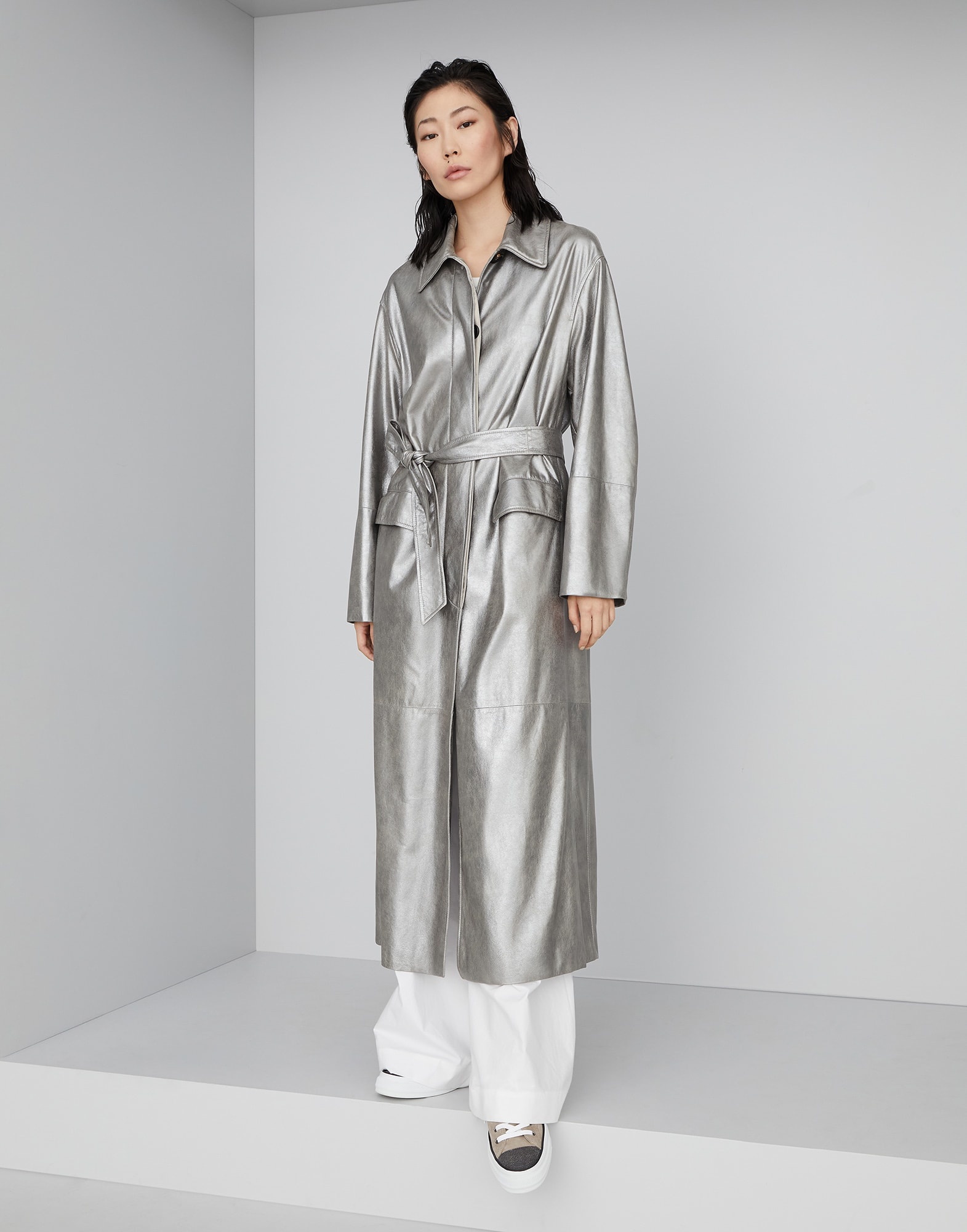 Lamé suede trench with monili - 1