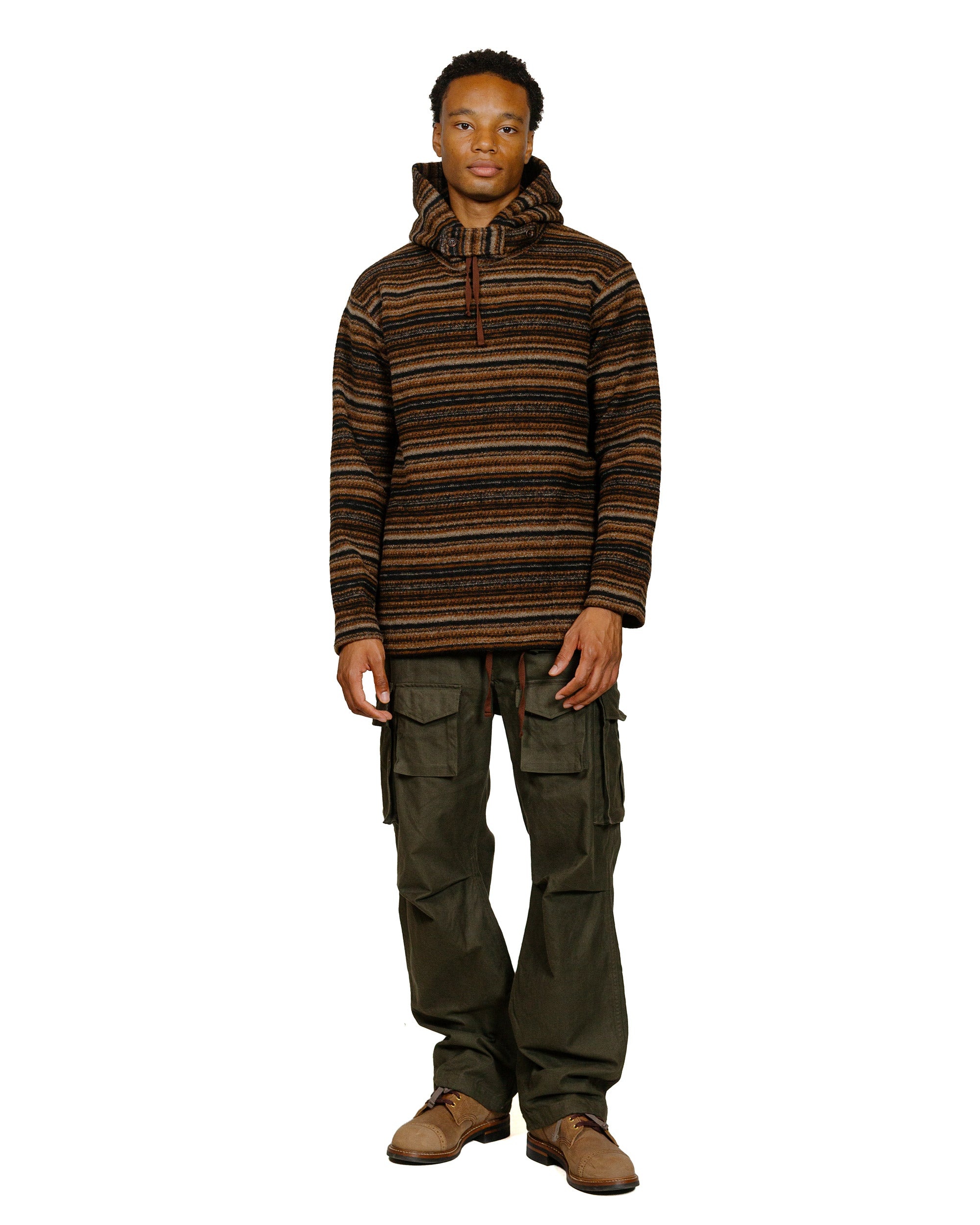 Long Sleeve Hoody Brown Fair Isle Stripe Knit Sweater - 4