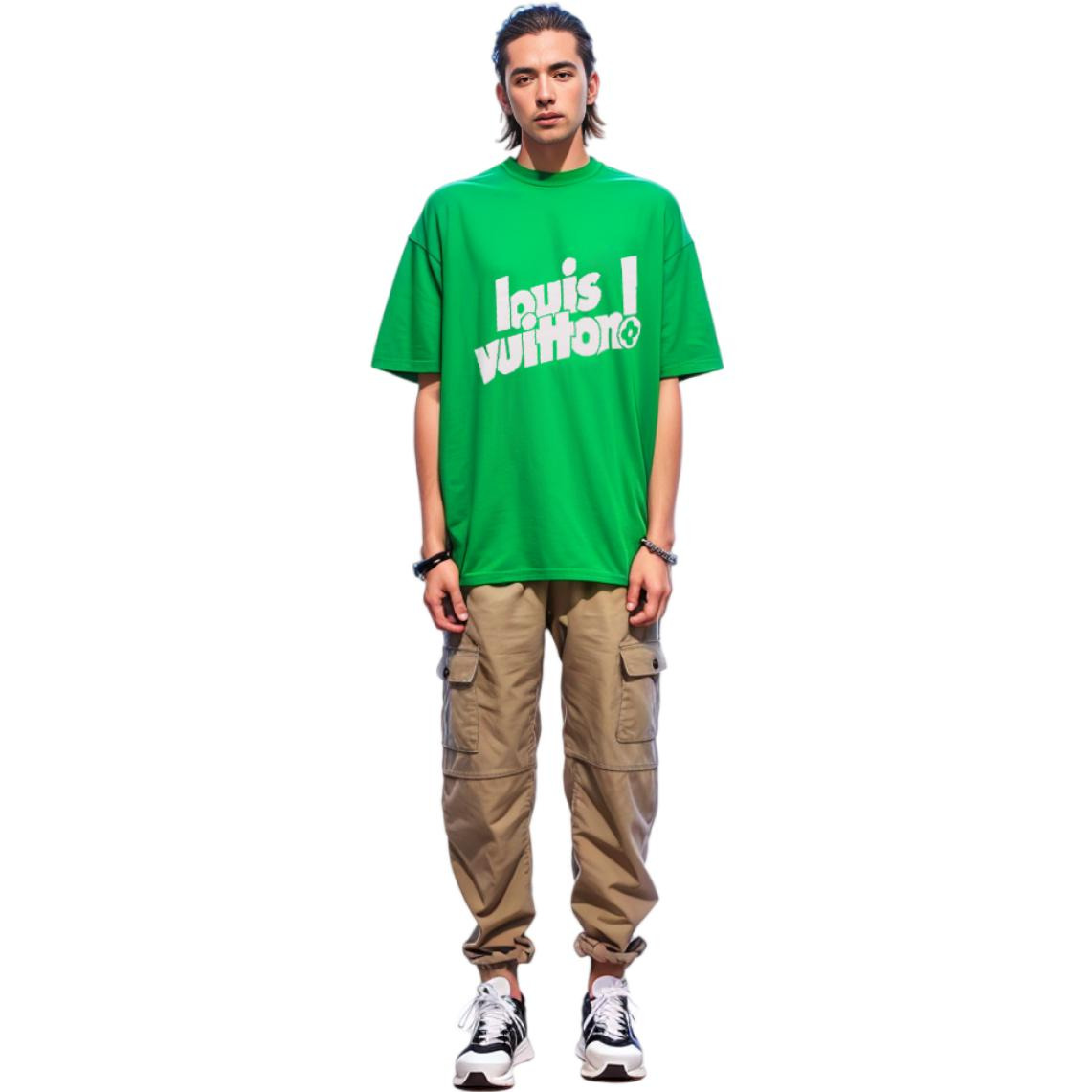 Men's LOUIS VUITTON Round Neck Logo Alphabet Printing Classic Short Sleeve Green 1A97OB - 4