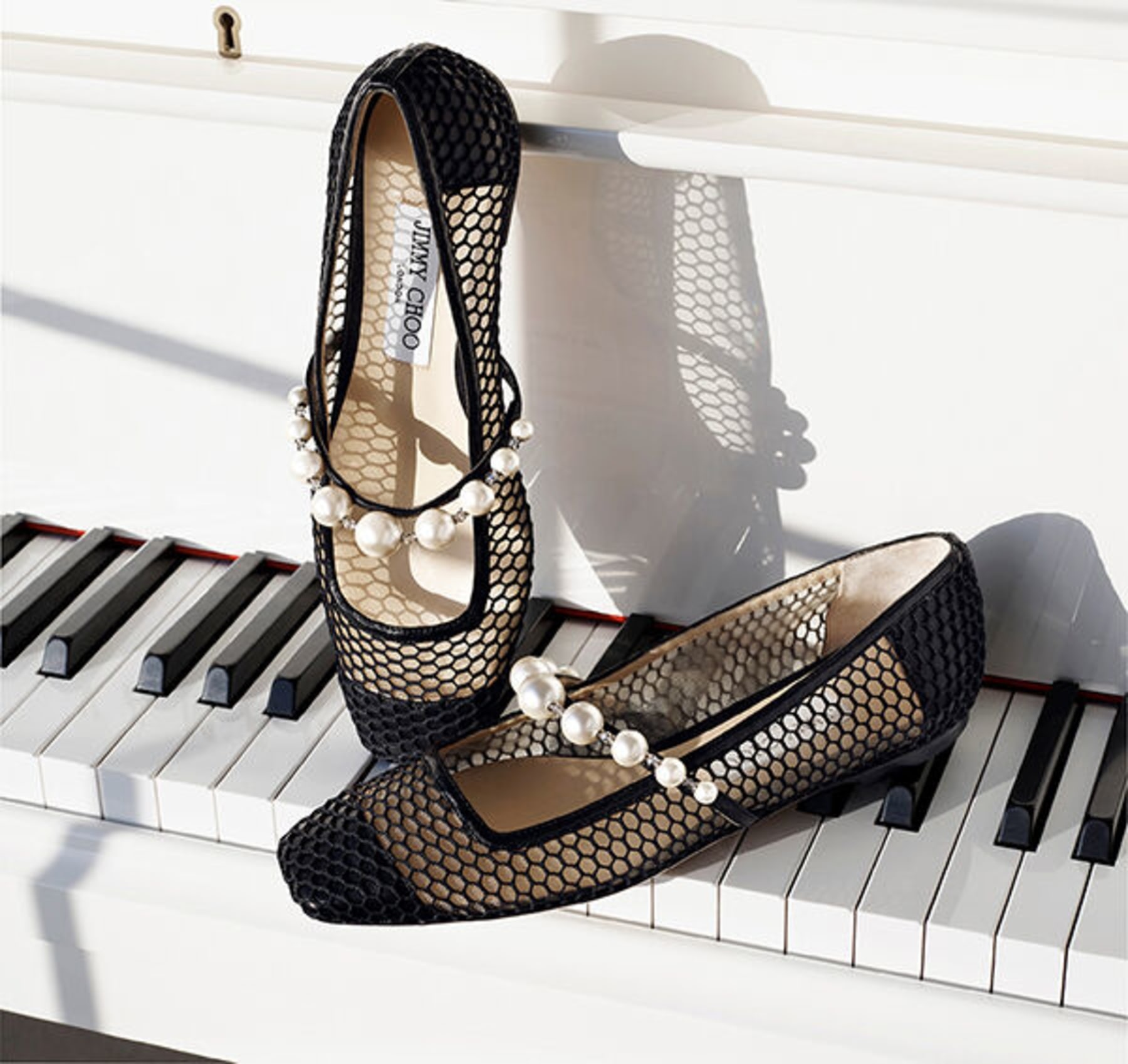 Ade Flat
Black Fishnet Mesh and Nappa Flats with Pearl-Embellished Strap - 7