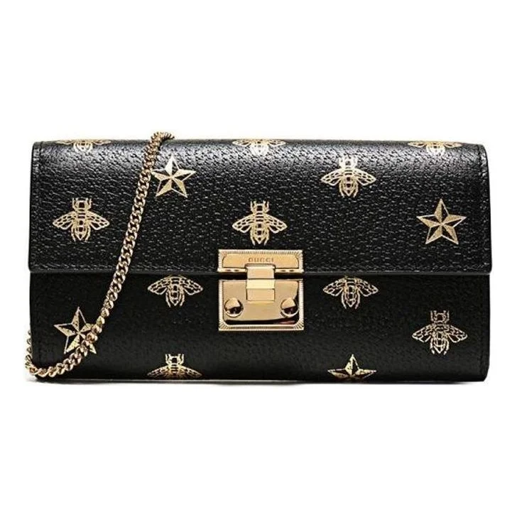 (WMNS) Gucci Padlock Metallic Bee Star Printing Leather Chain Wallet Shoulder Bag Armpit Black Handb - 1