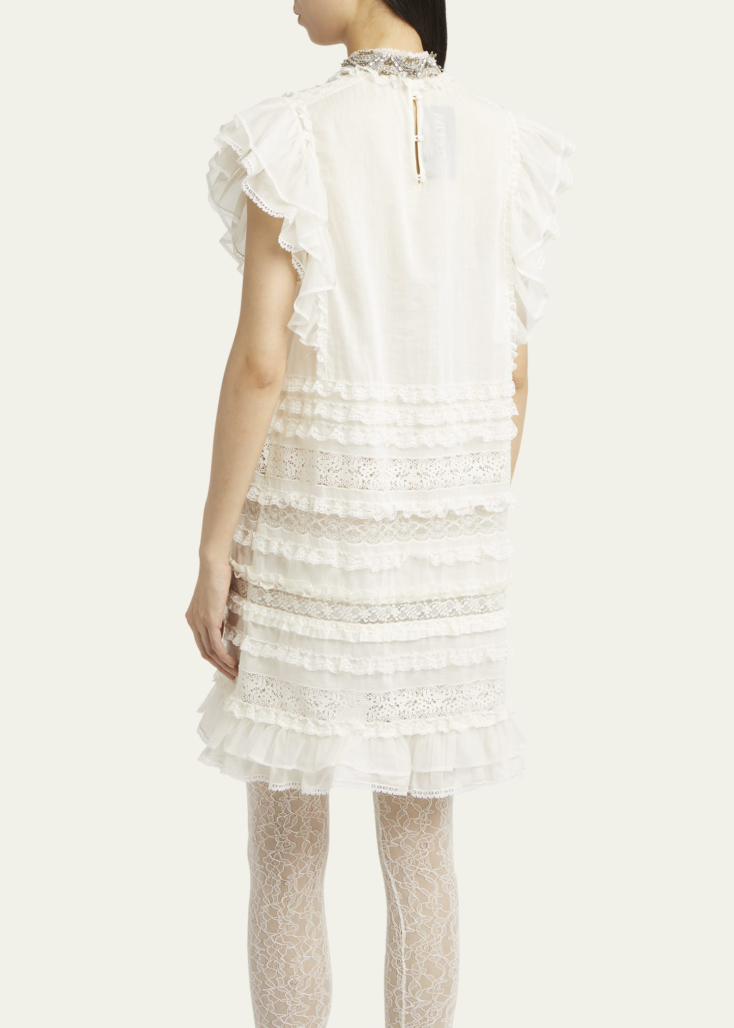 Crystal Neckline Ruffle Bow Linen Dress - 3