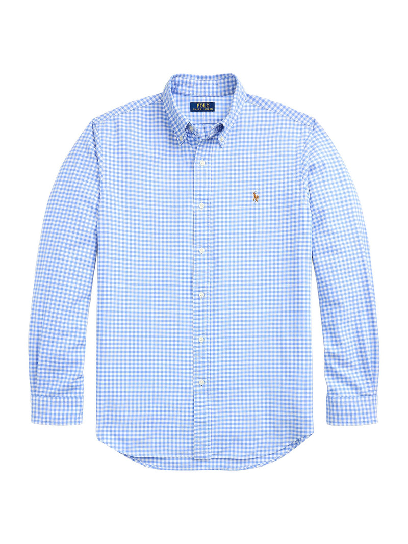 Men's Logo-Embroidered Gingham Cotton Oxford Shirt - Light Blue White 1