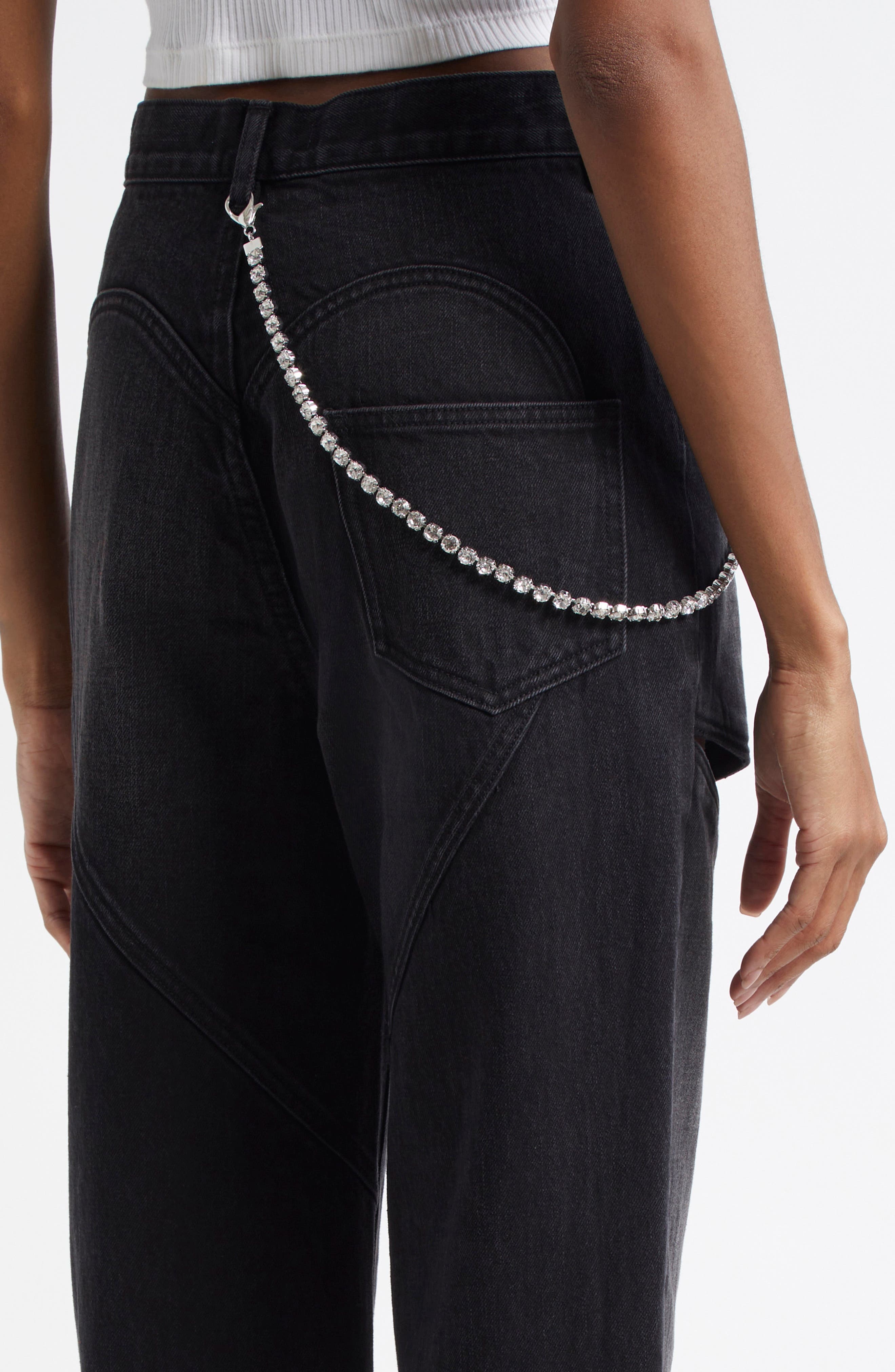 Area Slit Straight Leg Jeans with Crystal Chain in Black at Nordstrom - 4