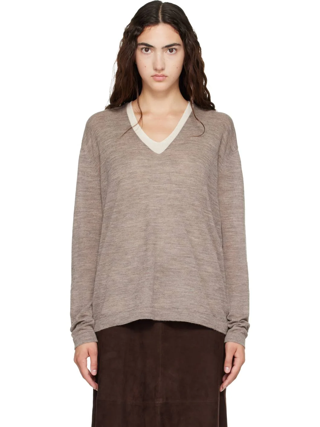 Gray Fine Low V Neck Sweater - 1