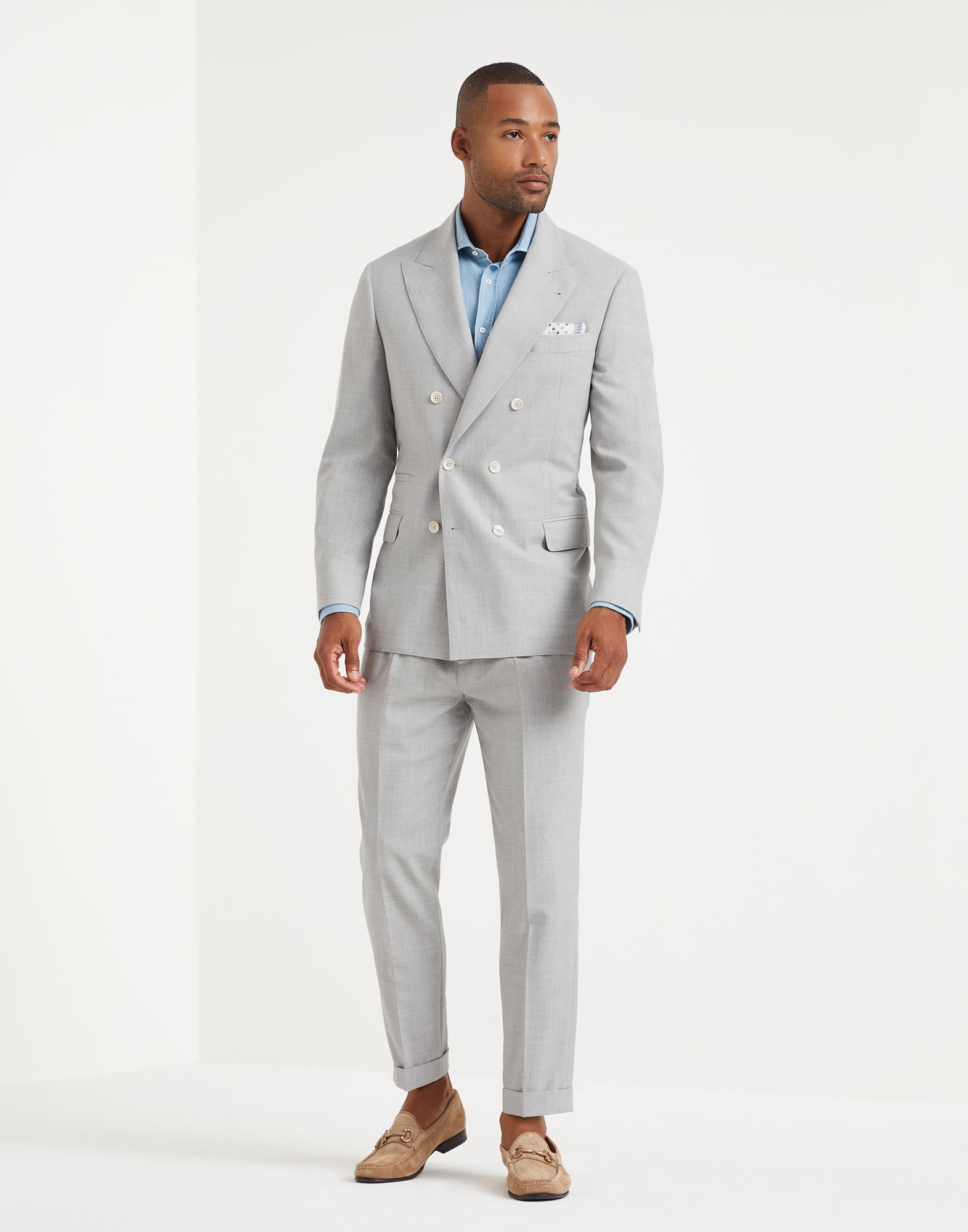 Brunello Cucinelli Natural comfort virgin wool fresco suit with one and a half breasted jacket and pleated leisure fit REVERSIBLE