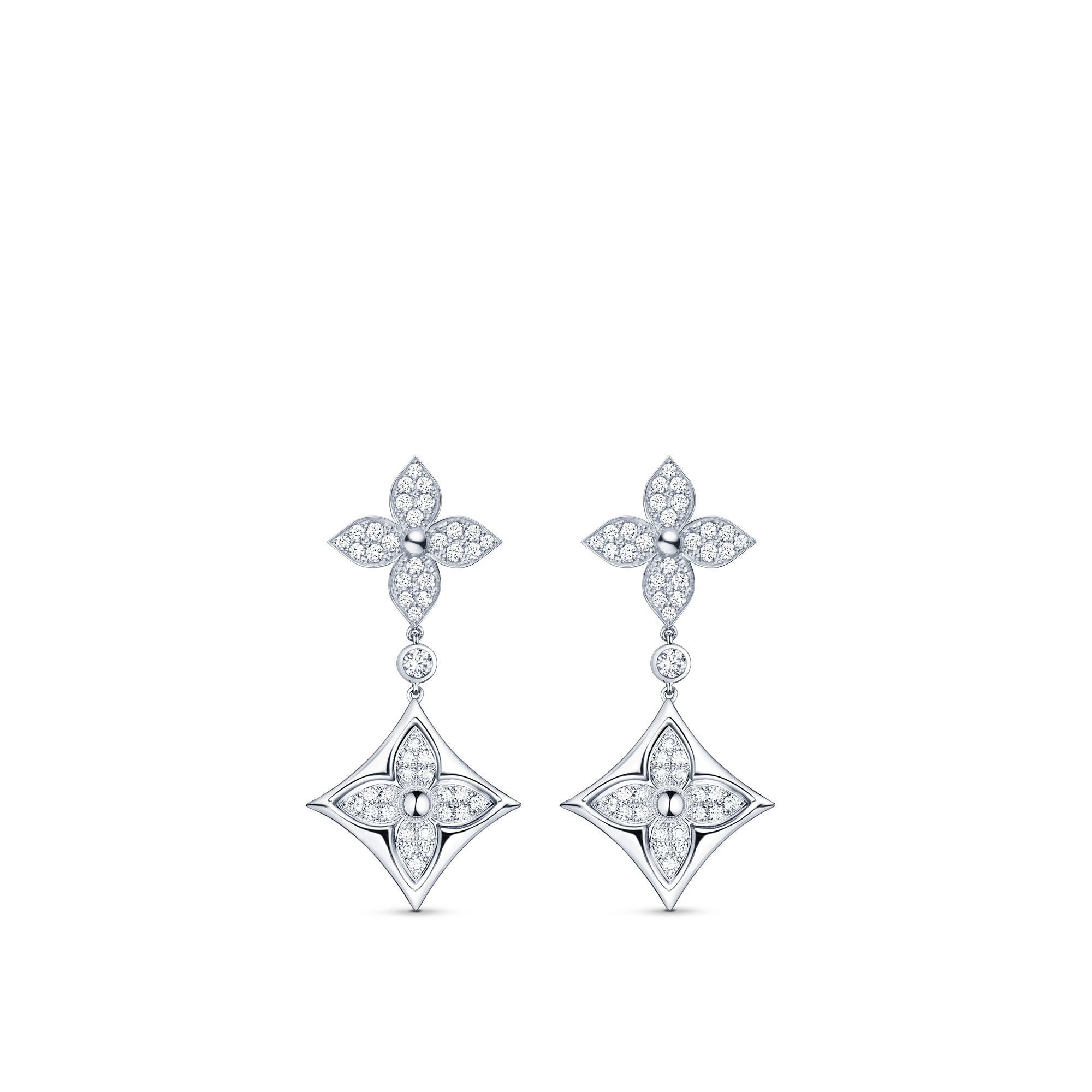 Color Blossom Long Earrings, White Gold And Diamonds - 1