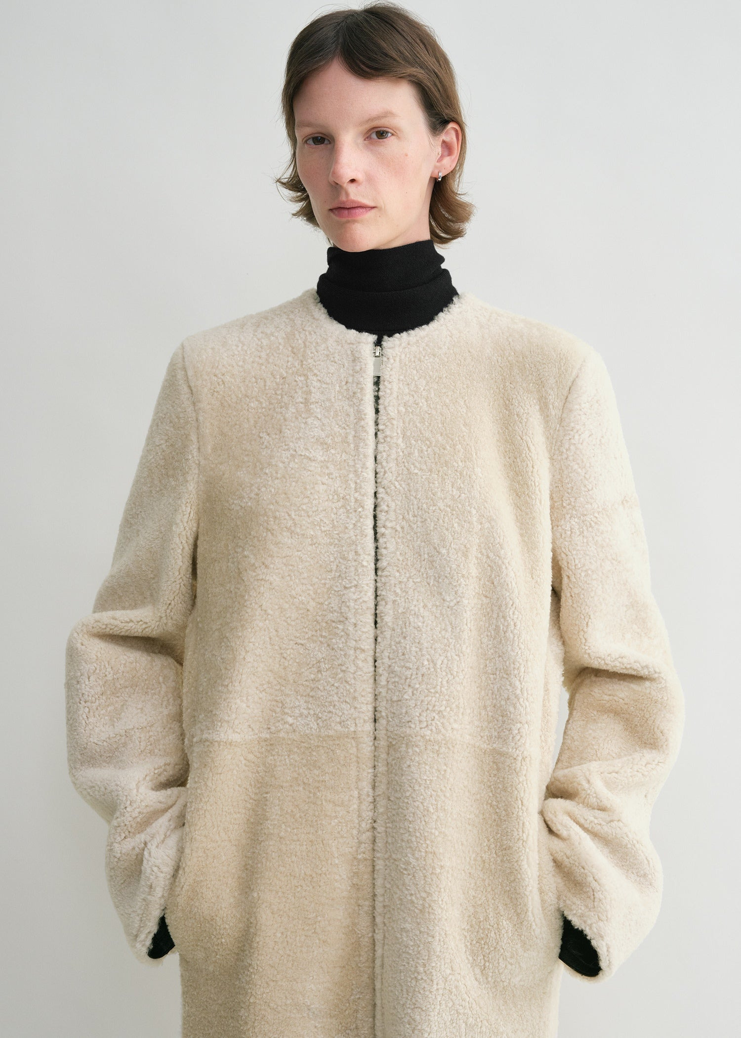 Zipped teddy shearling coat cream - 6