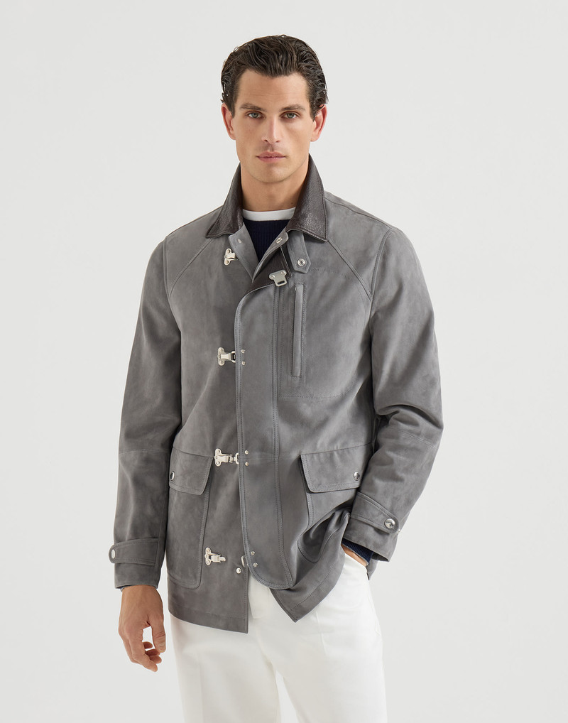 Suede outerwear jacket with hook fastening 2