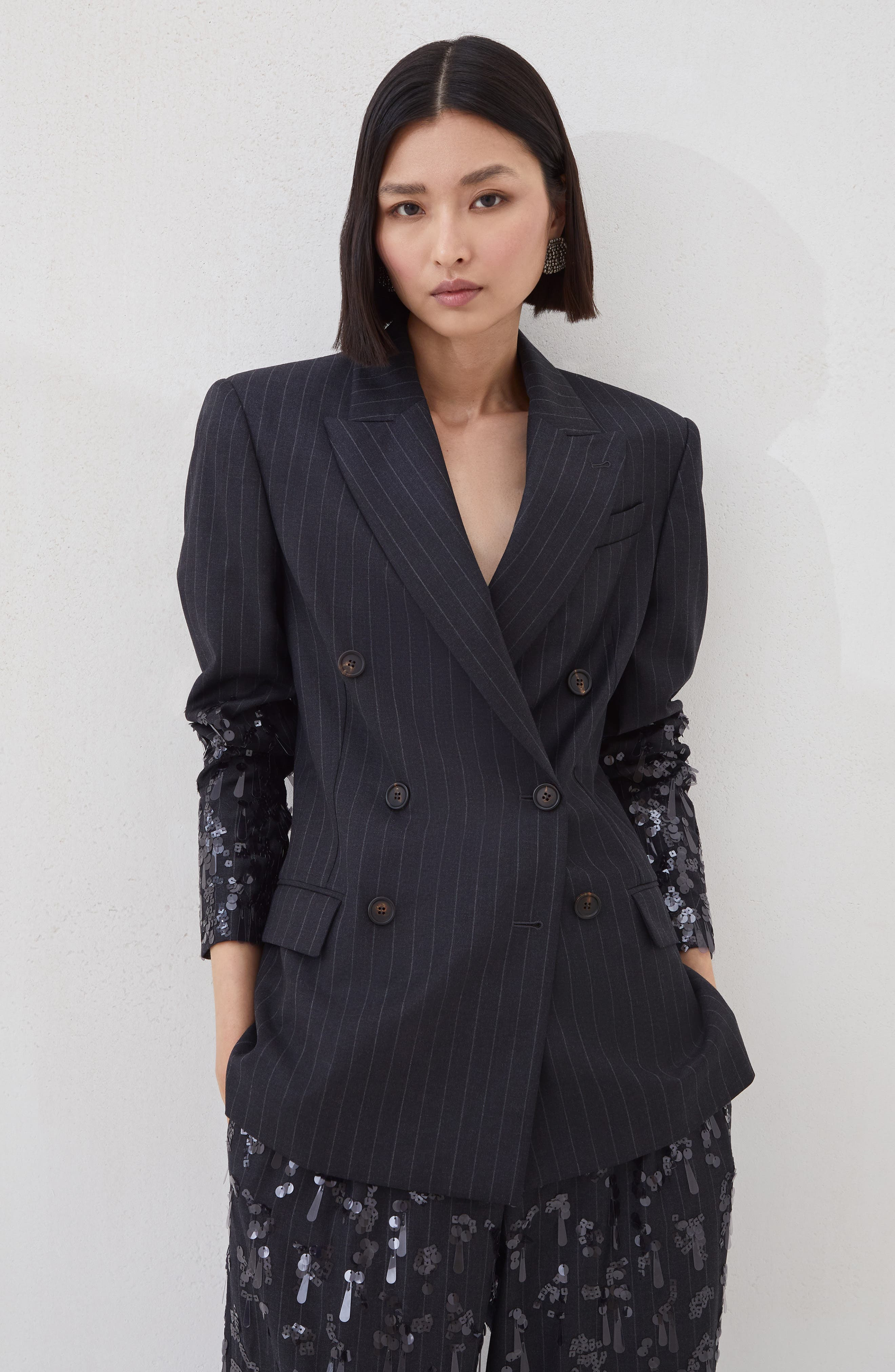 Brunello Cucinelli Blazer with swing drops embroidery in Lignite Grey at Nordstrom - 5