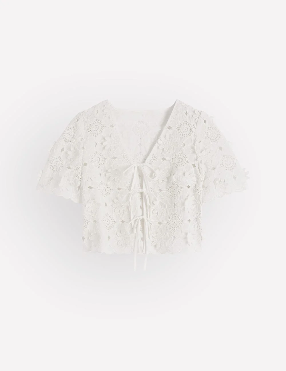 Tie Front Lace Top-White - 1