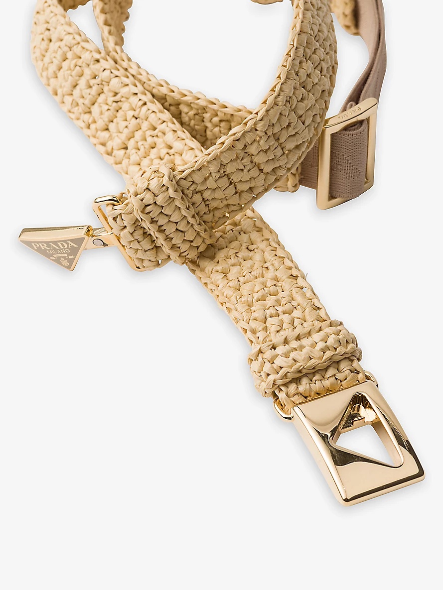 【送料&関税込】Prada Khaki Raffia Belt Prada Triangle-buckle raffia-effect woven belt | REVERSIBLE