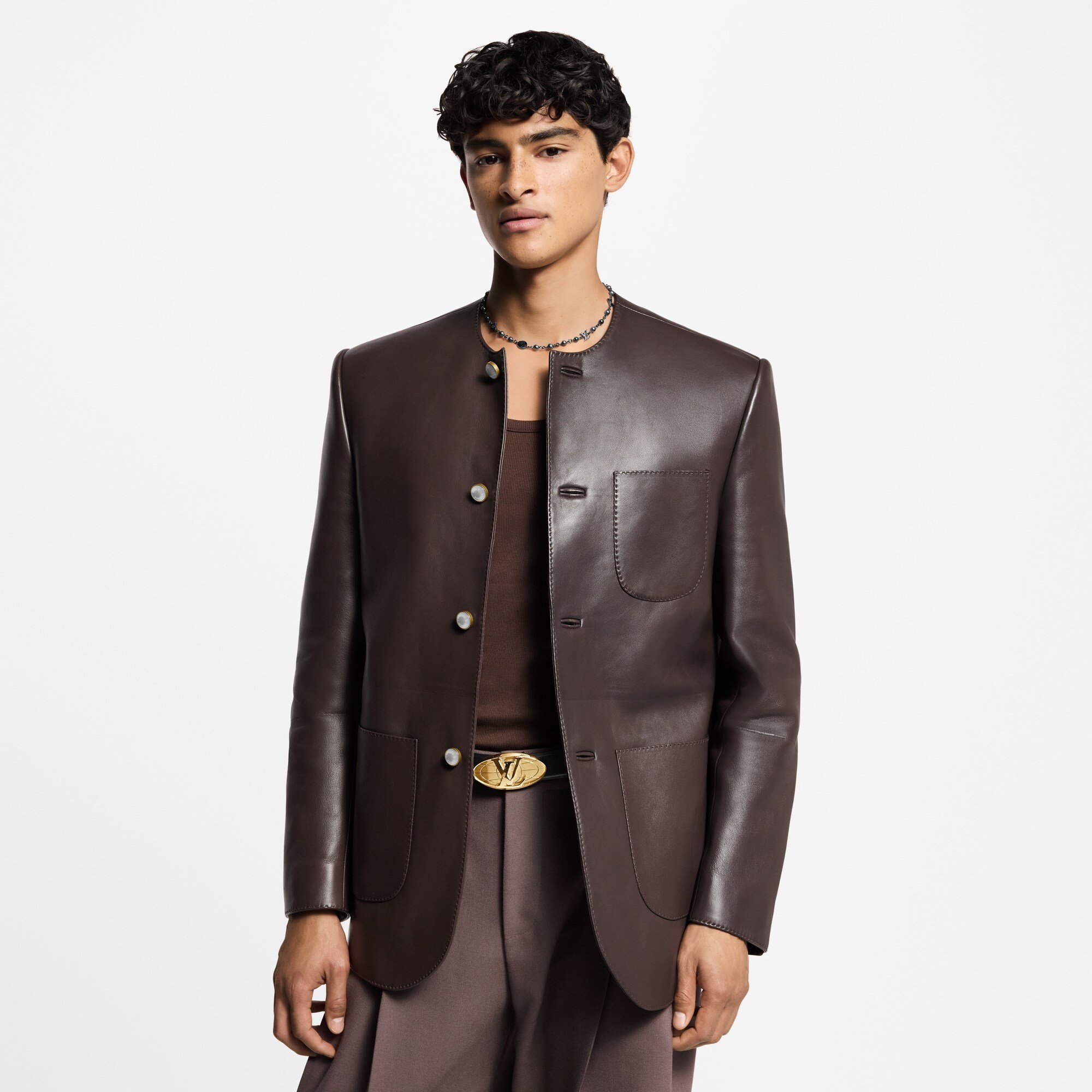 Chic Collarless Leather Blazer - 2
