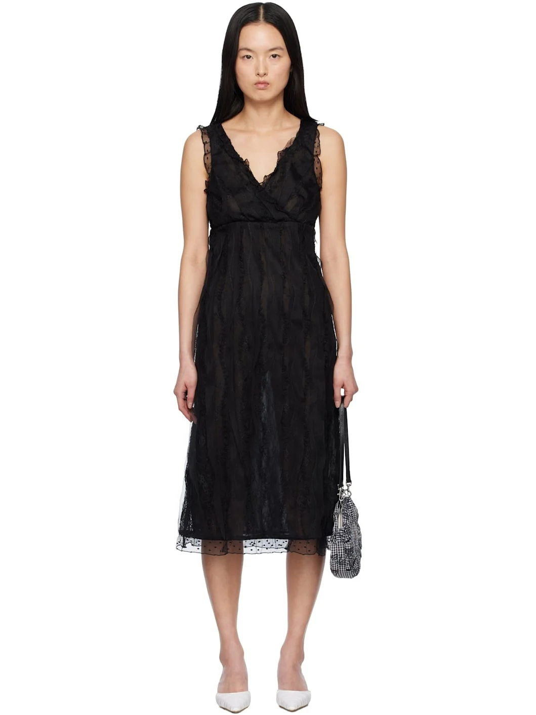 Black Combo Sleeveless Lace Midi Dress - 1