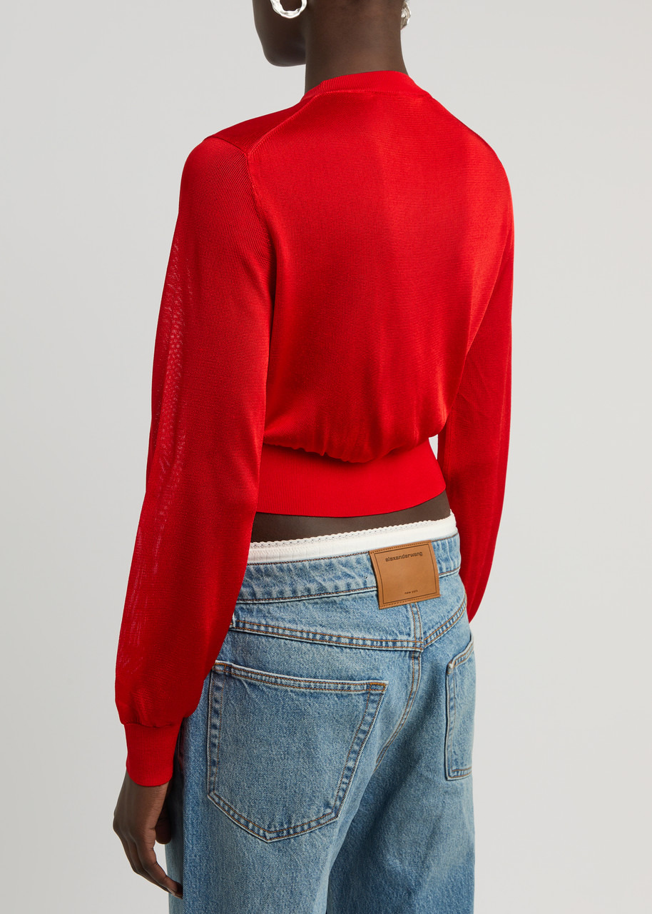 Alexanderwang.t Logo-embroidered Cropped Fine-knit Cardigan - 3