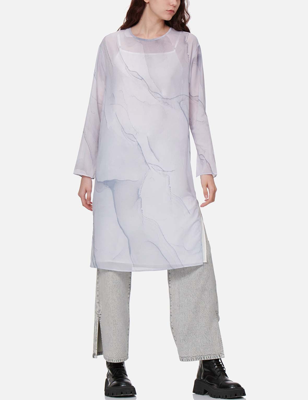 Marble-pattern Print Mesh Dress (with Inner Dress) - 5