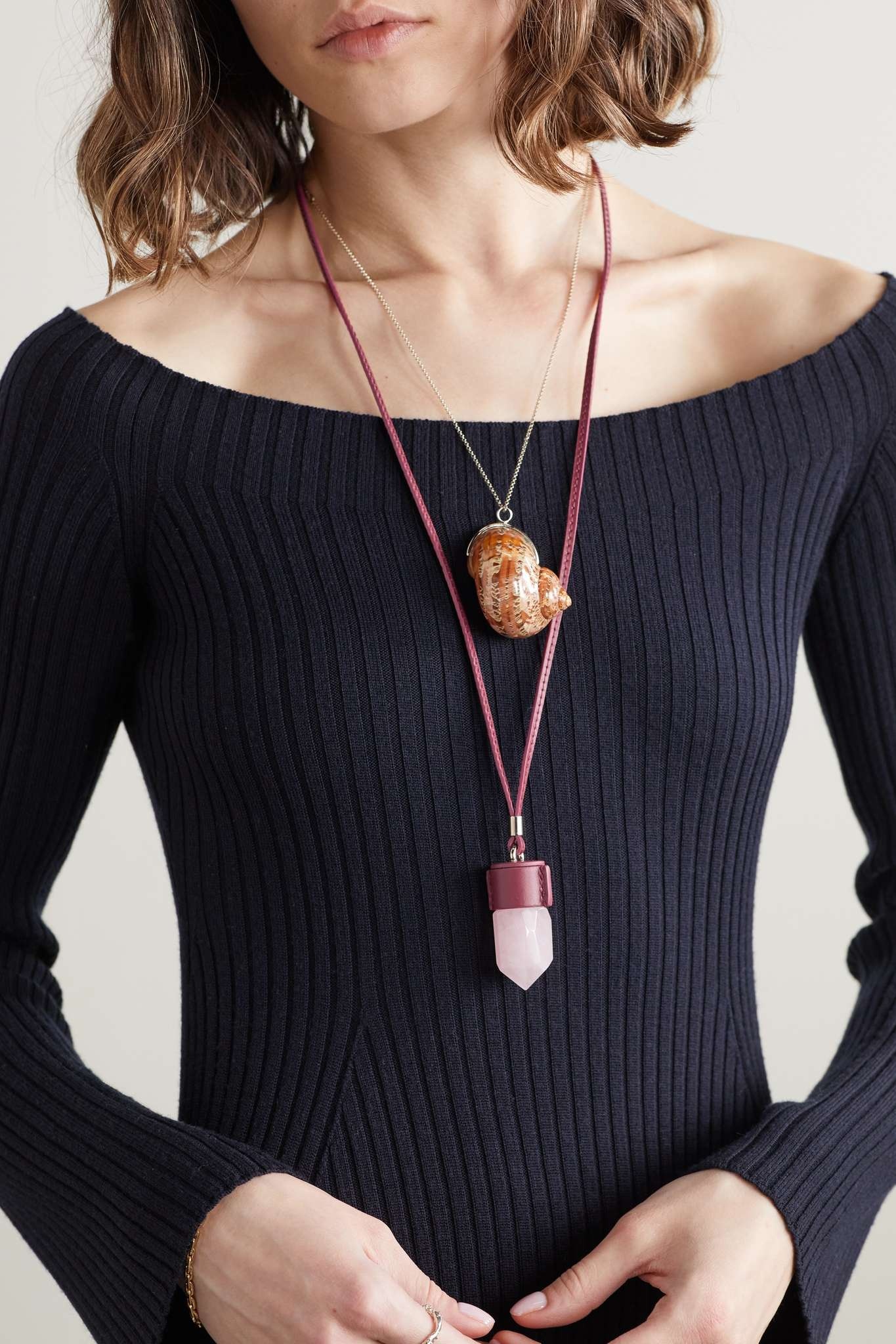 Jemma leather, gold-tone and rose quartz necklace - 5