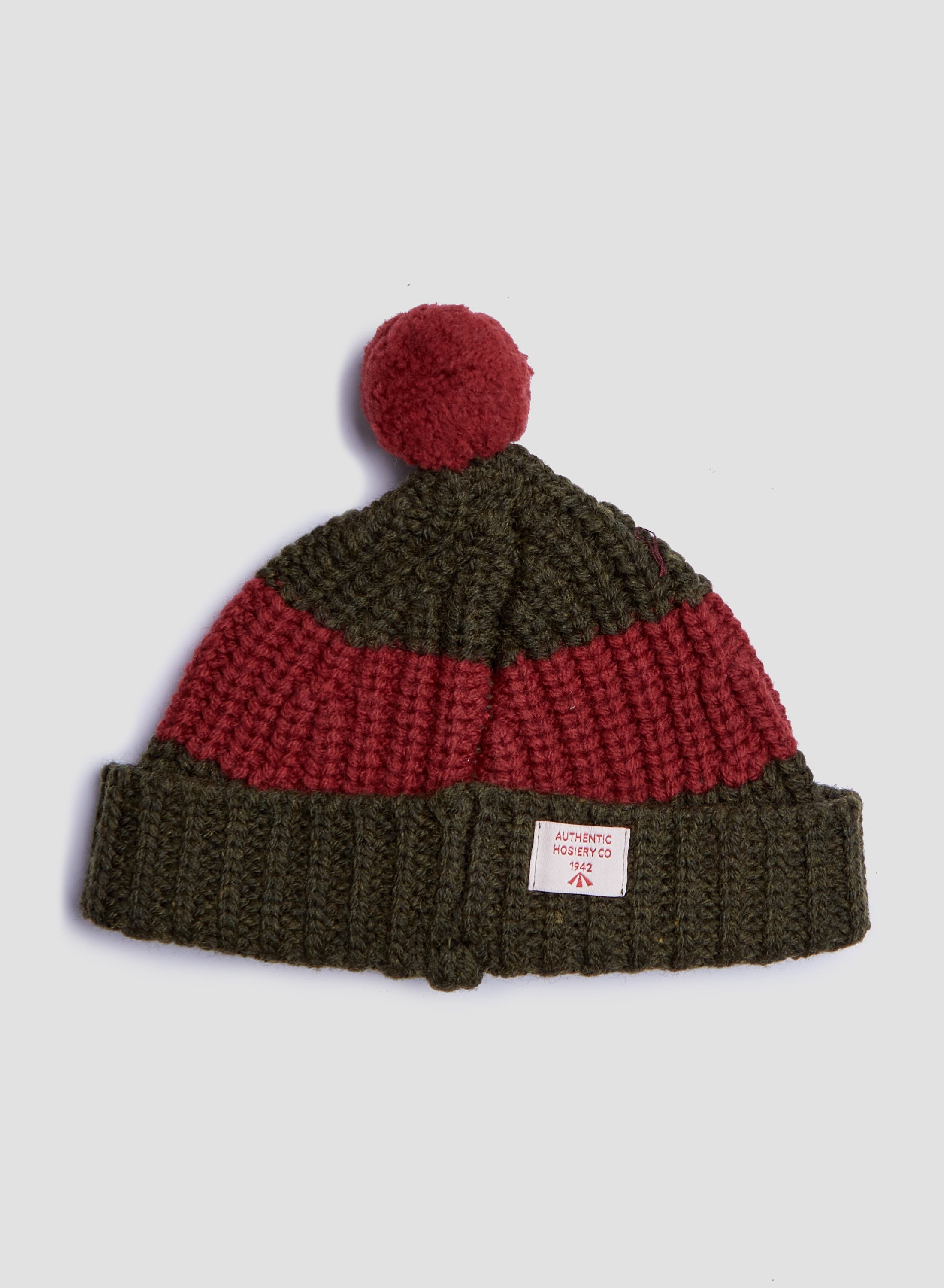 Striped Pom Pom Beanie in Army/Red - 1