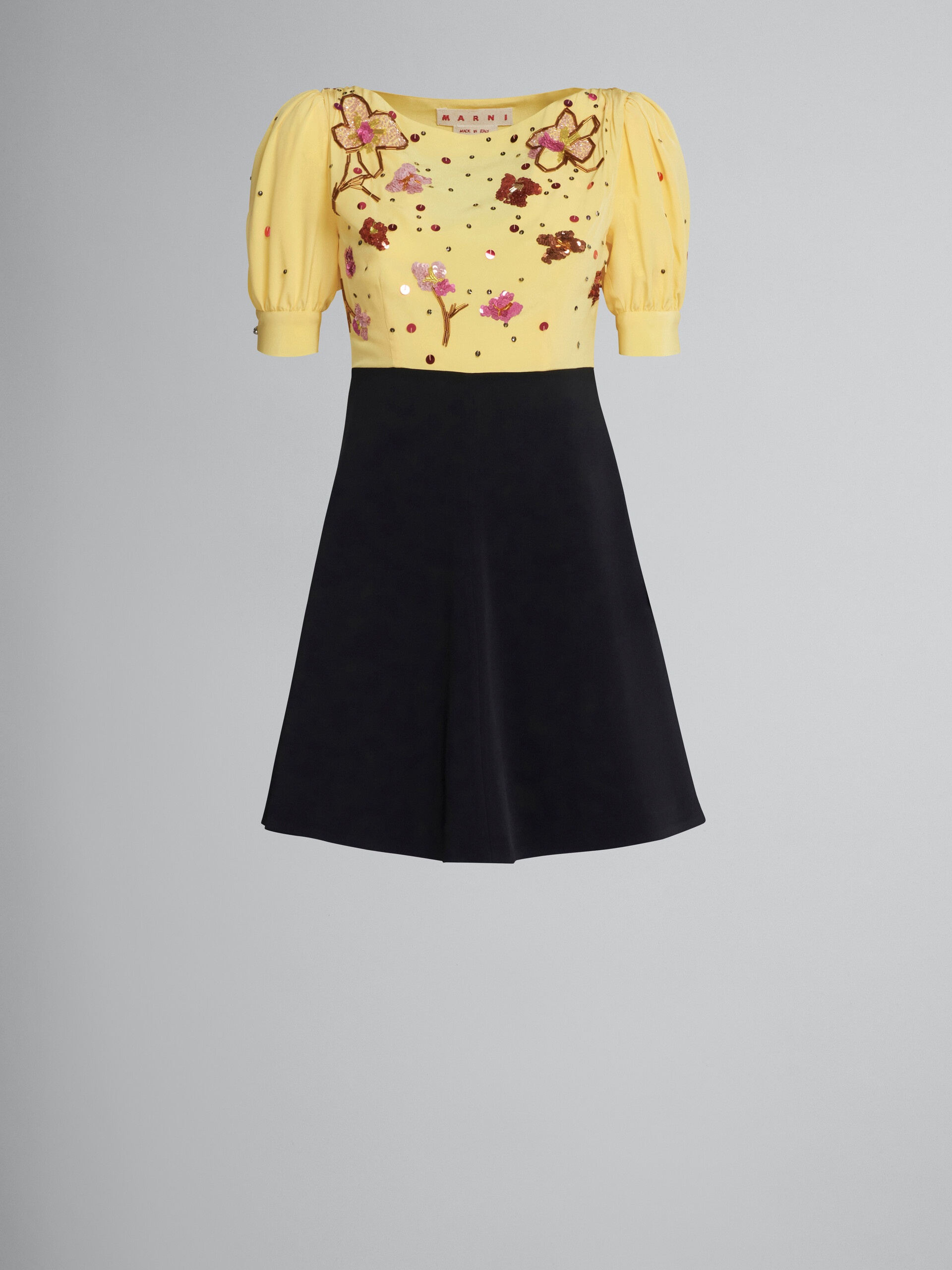 YELLOW SILK MINI DRESS WITH SEQUINS - 1