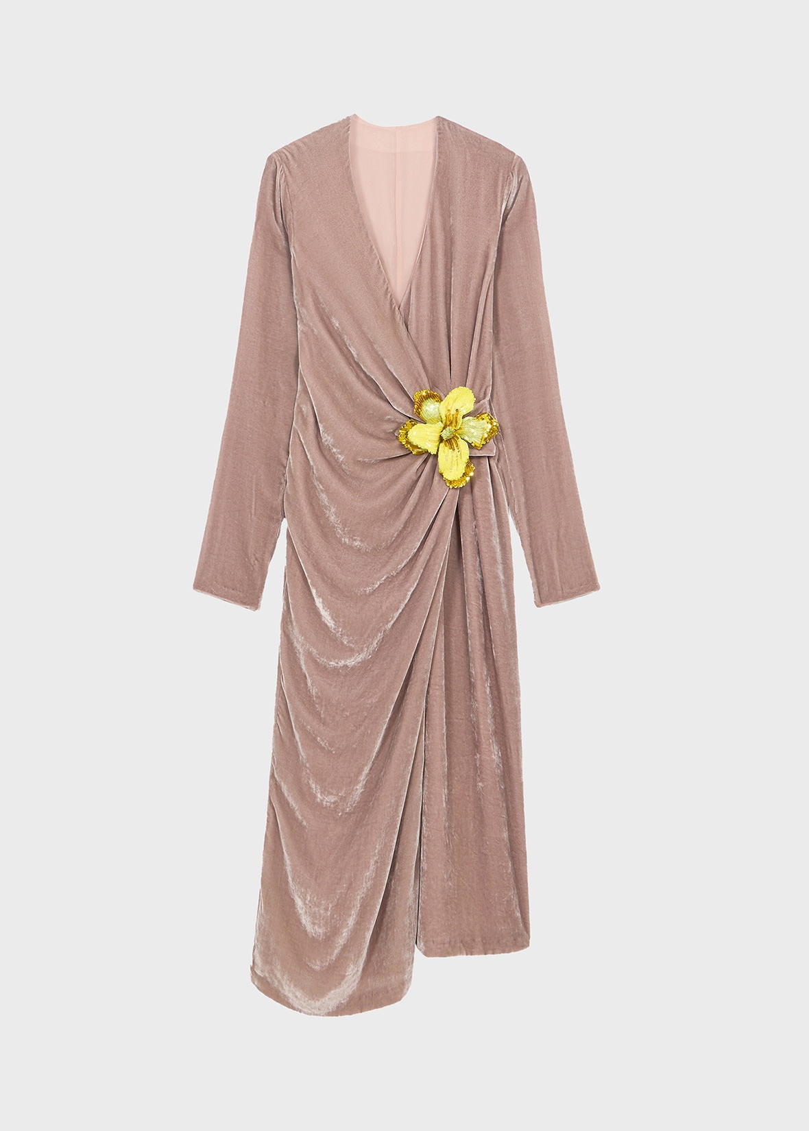 MIDI DRESS IN HAMMERED VELVET WITH FLOWER - 1