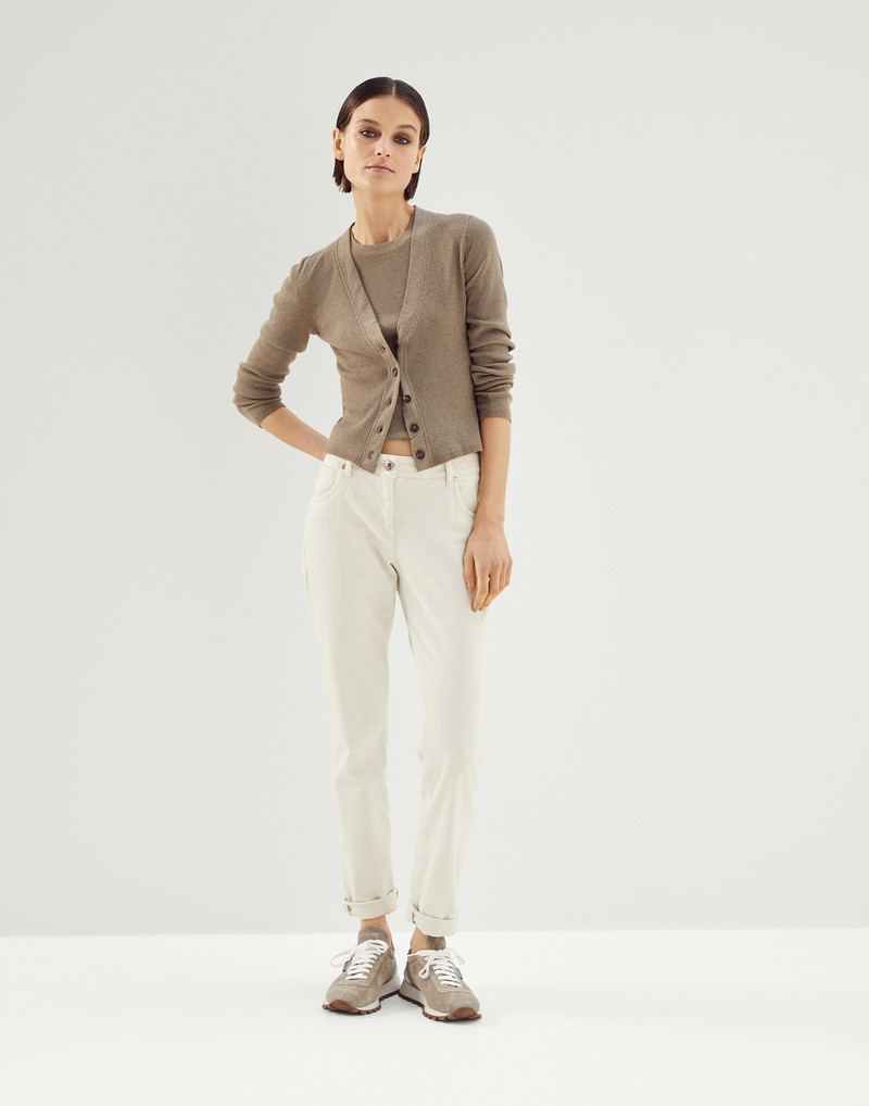 Brunello Cucinelli Stretch dyed denim five-pocket trousers with shiny leather tab outlook