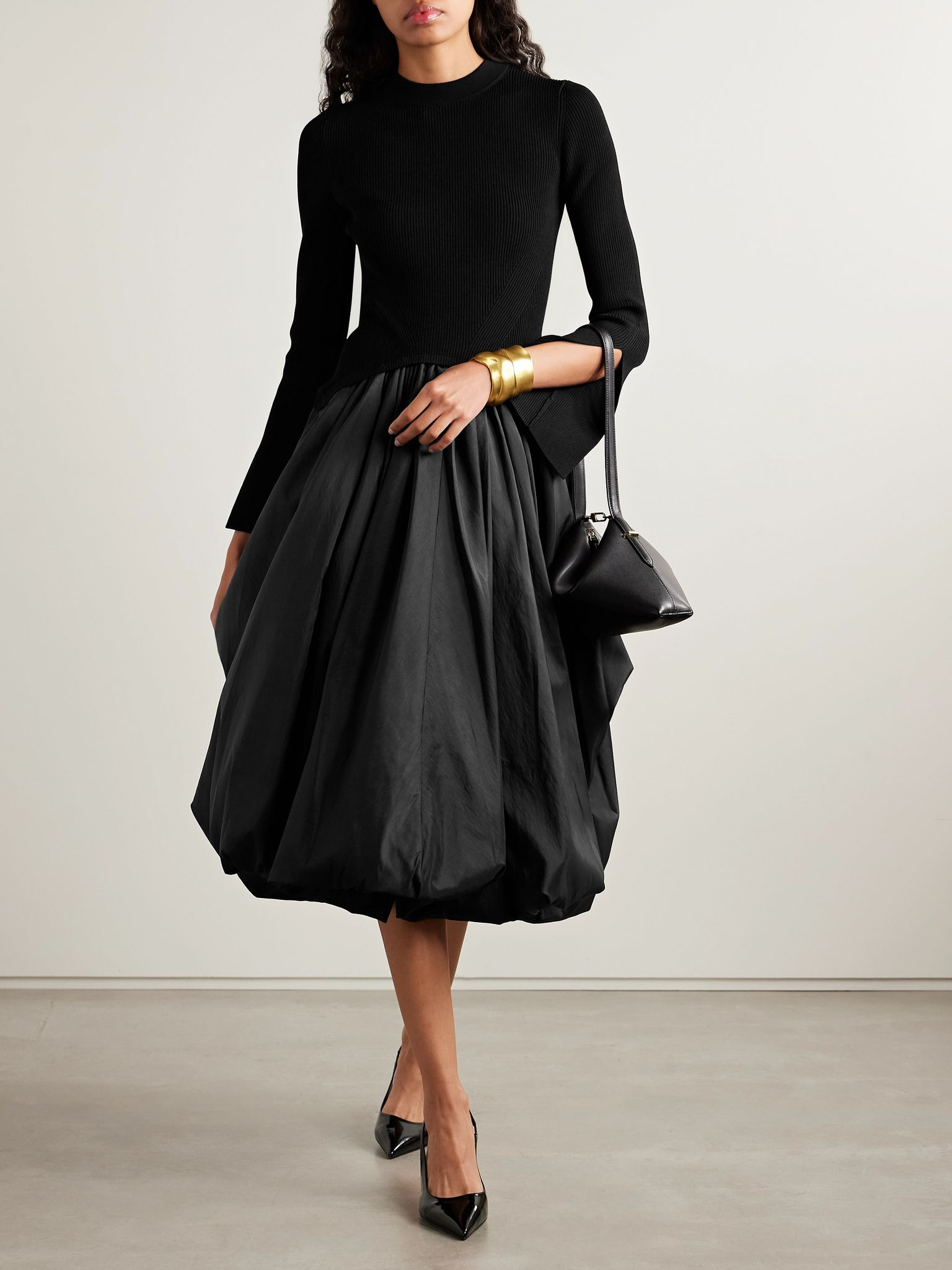 Kenlie ribbed-knit and taffeta midi dress Black - 2