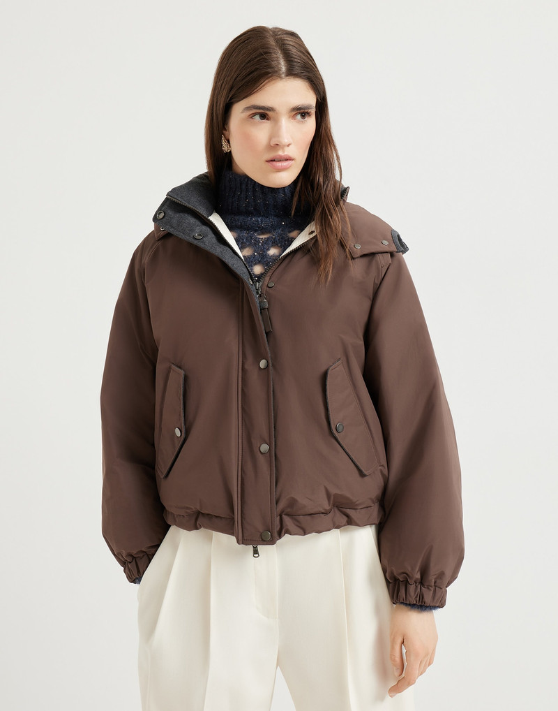 Techno cotton water-resistant taffeta cropped down jacket with detachable hood and shiny zipper pull 1