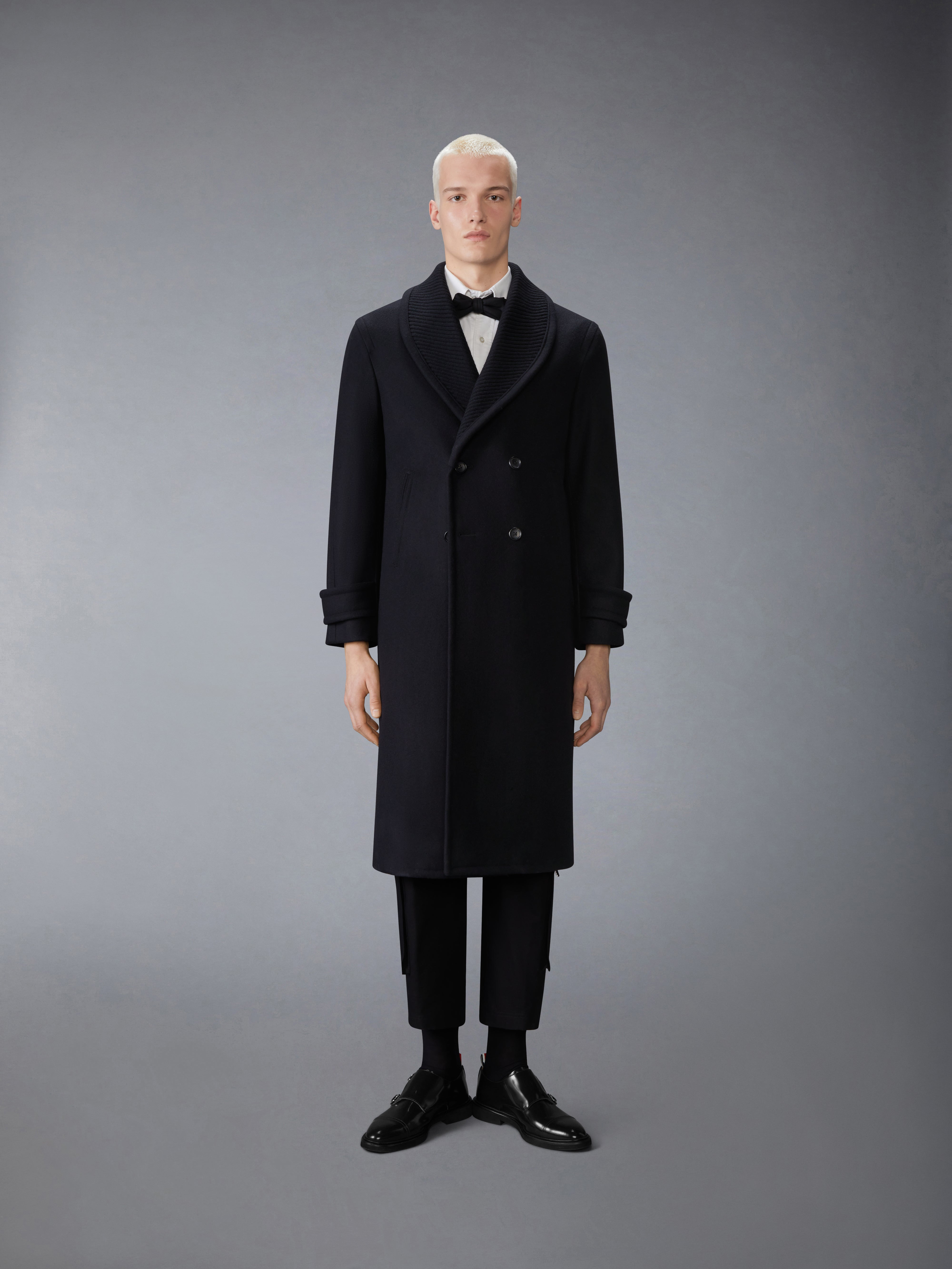 KNIT SHAWL COLLAR MELTON OVERCOAT - 2