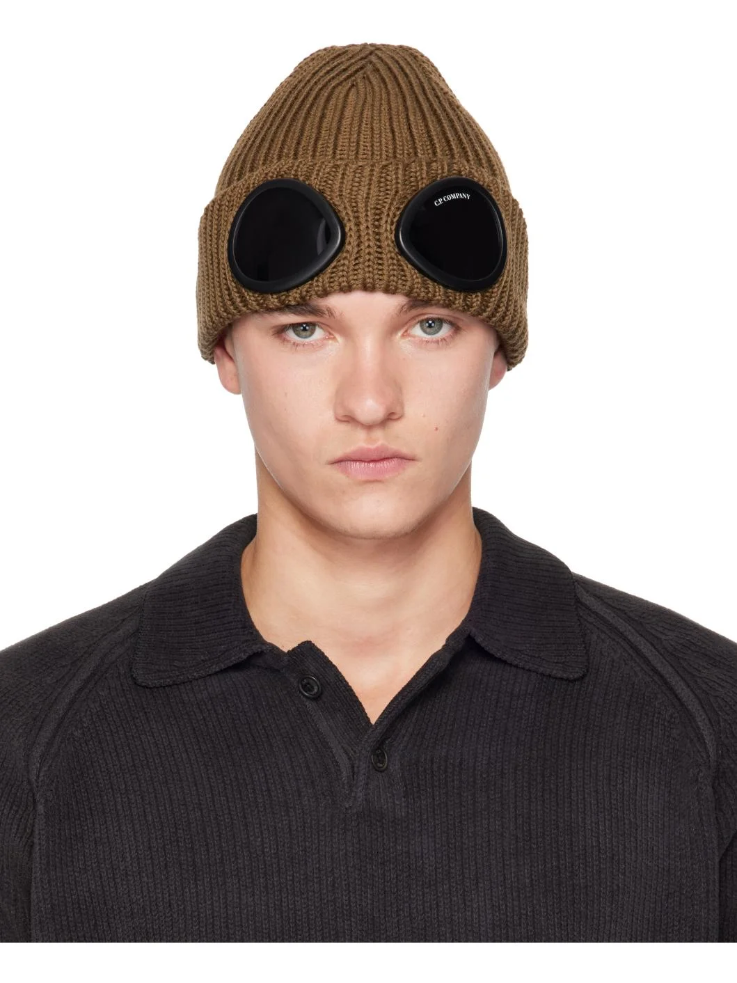 Khaki Extrafine Merino Wool Goggle Beanie - 1