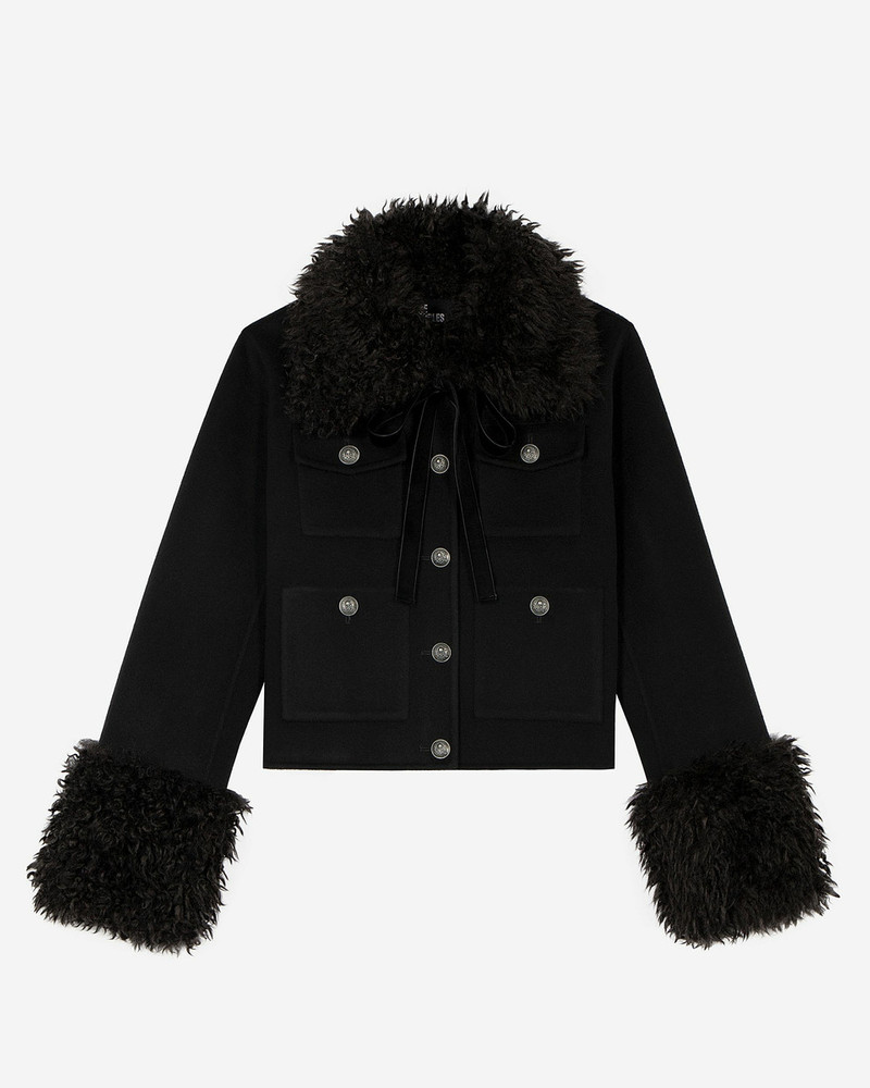 SHORT BLACK WOOL JACKET WITH SHERPA COLLAR 1