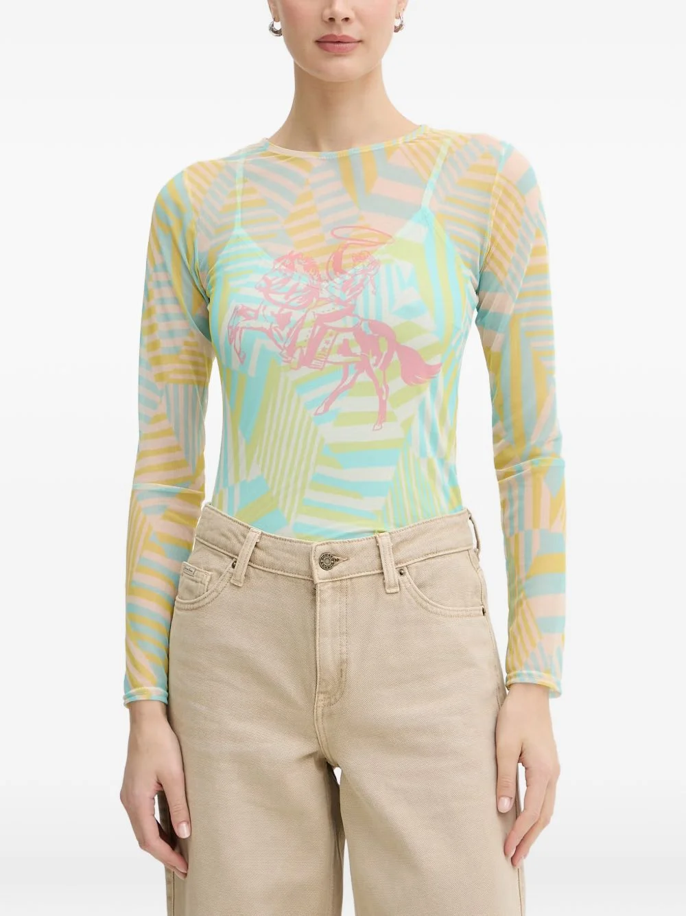 geometric-print mesh T-shirt - 1