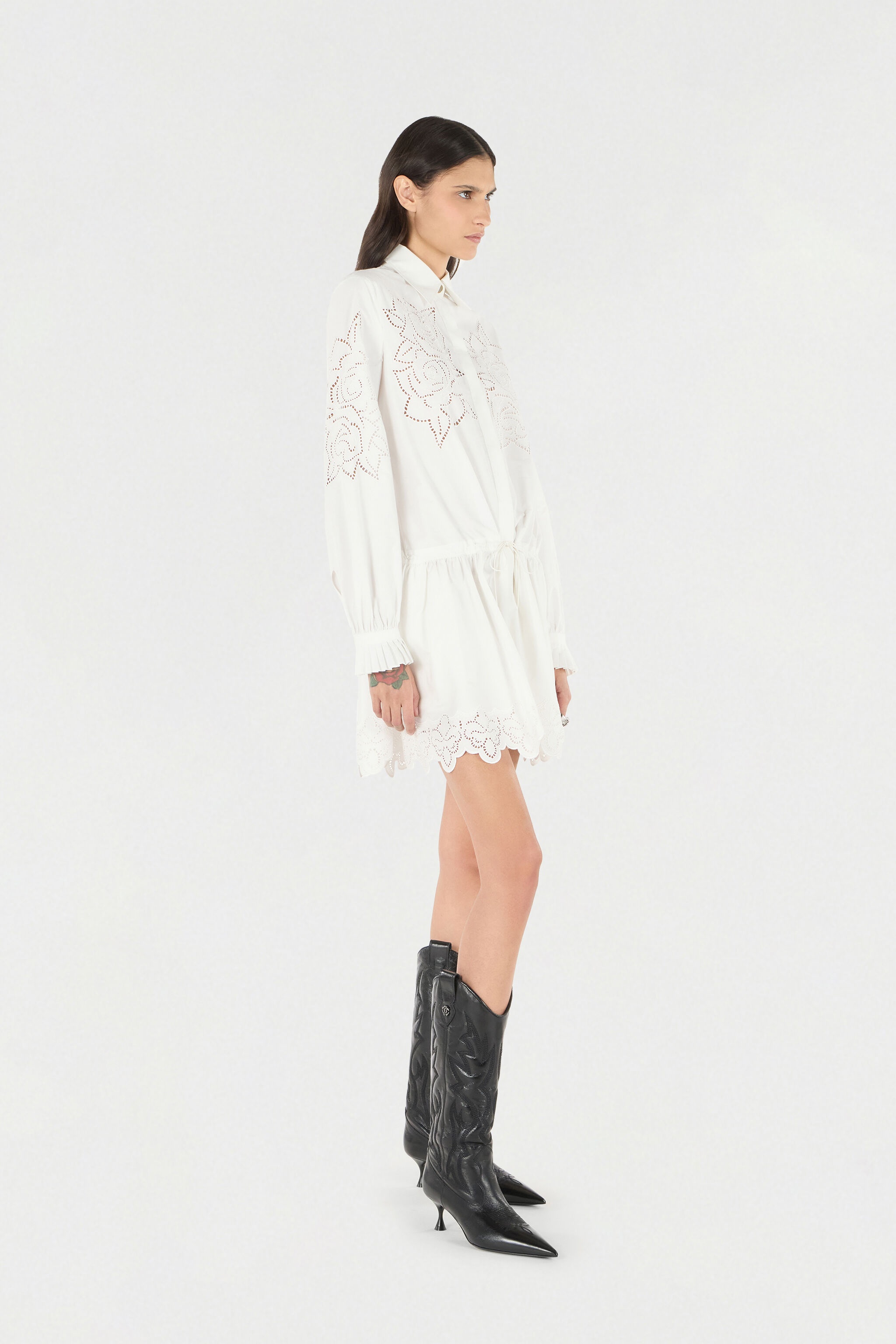 Mini Shirt Dress With Perforated Roses - 3