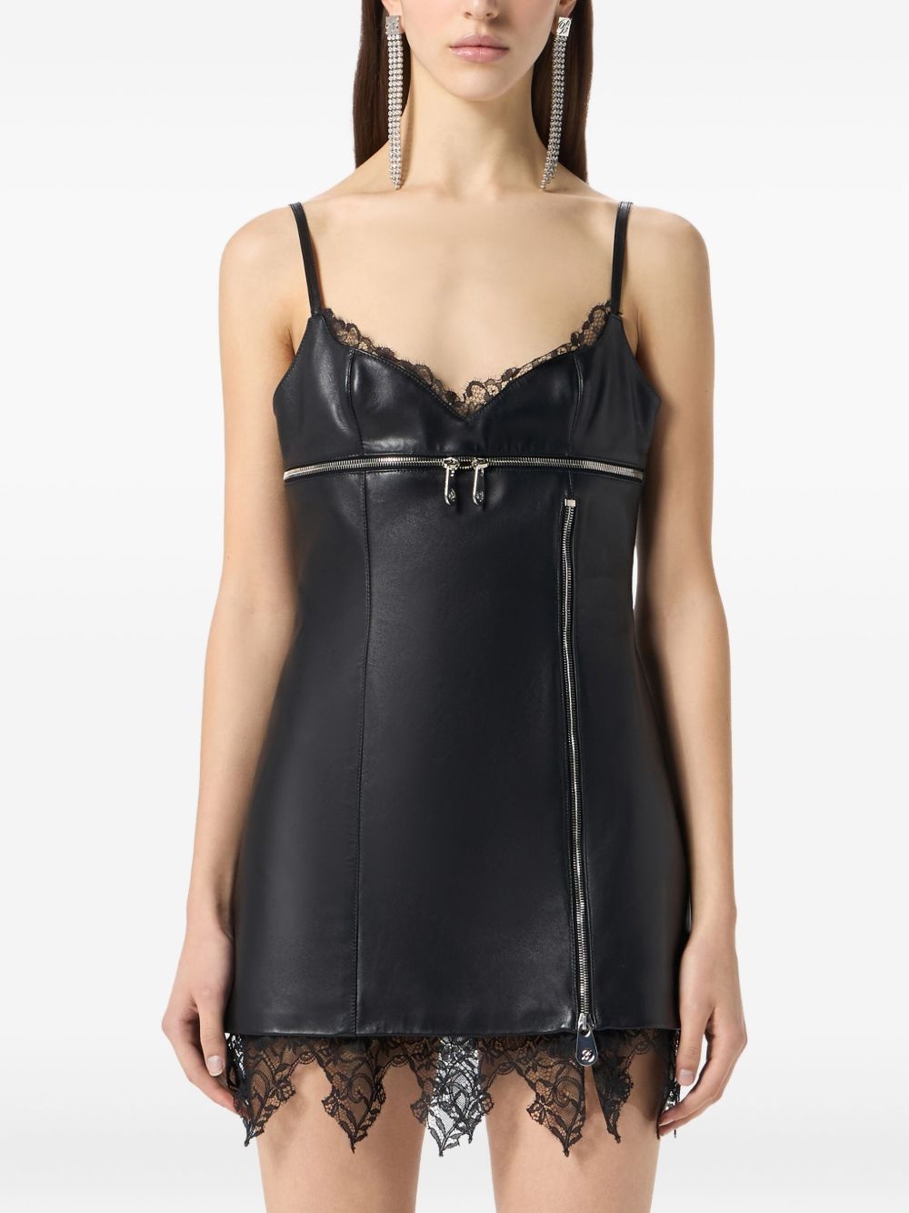 lace-trimmed leather dress - 3