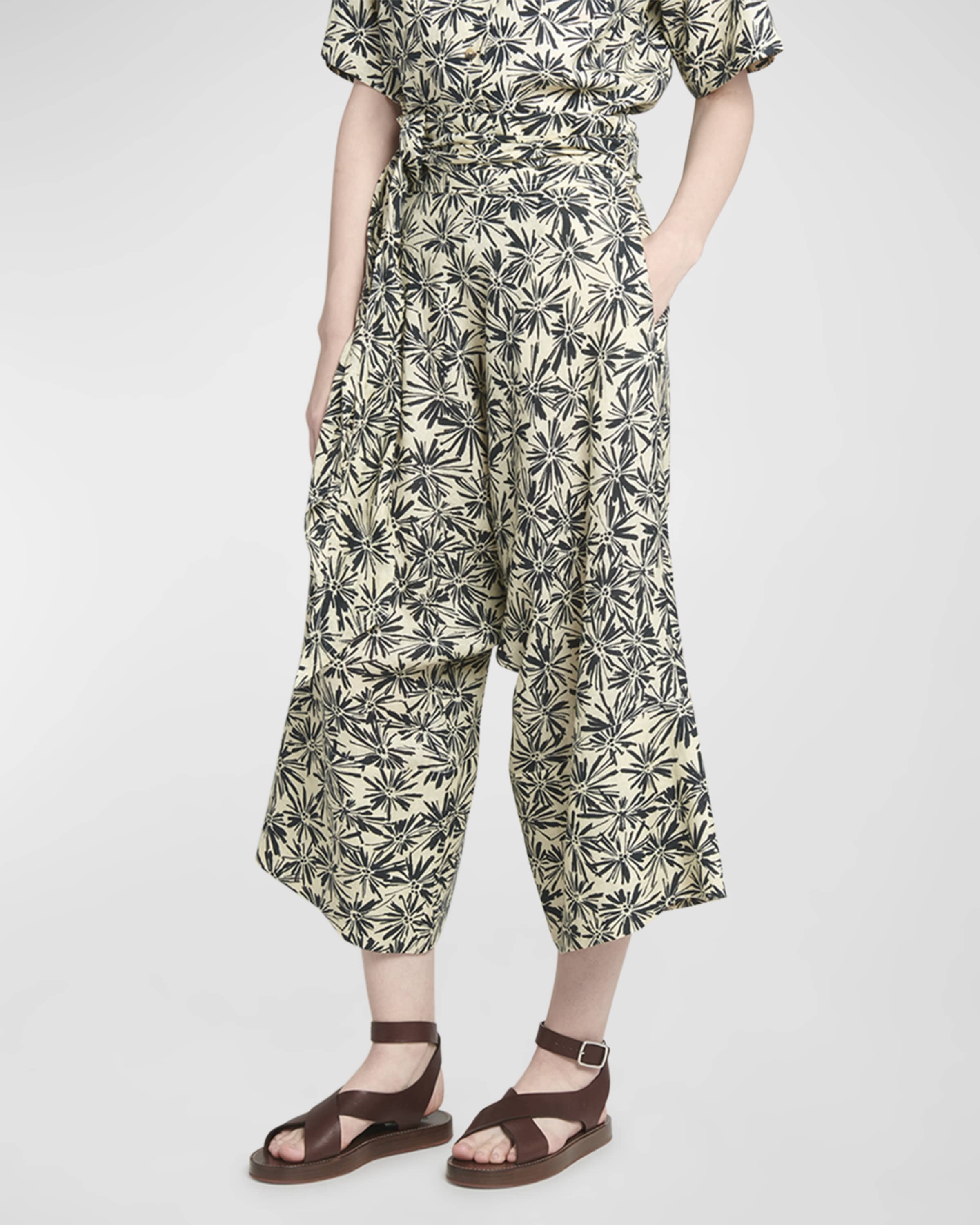 Yuki Flower-Print Wrap-Waist Wide-Leg Crop Linen Pants - 2