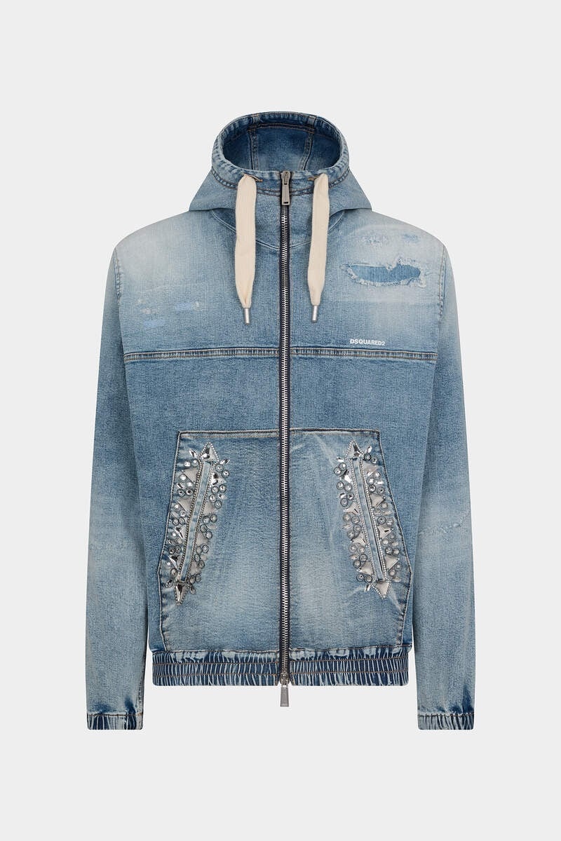 LIGHT SUPER SOFT WASH DENIM DIAMONDS  HOODIE JACKET - 1