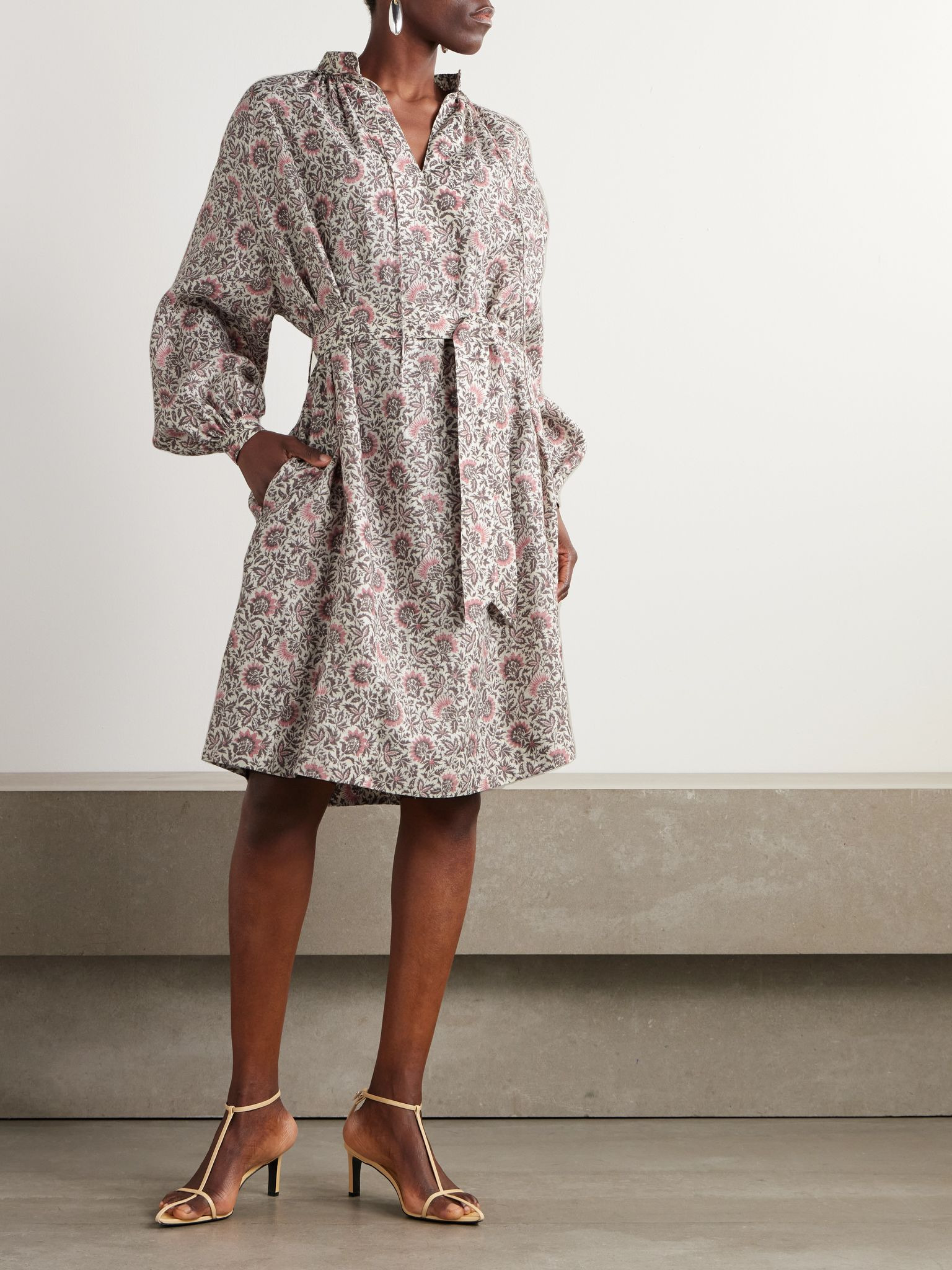 Billie belted floral-print linen-twill mini dress Pink - 2