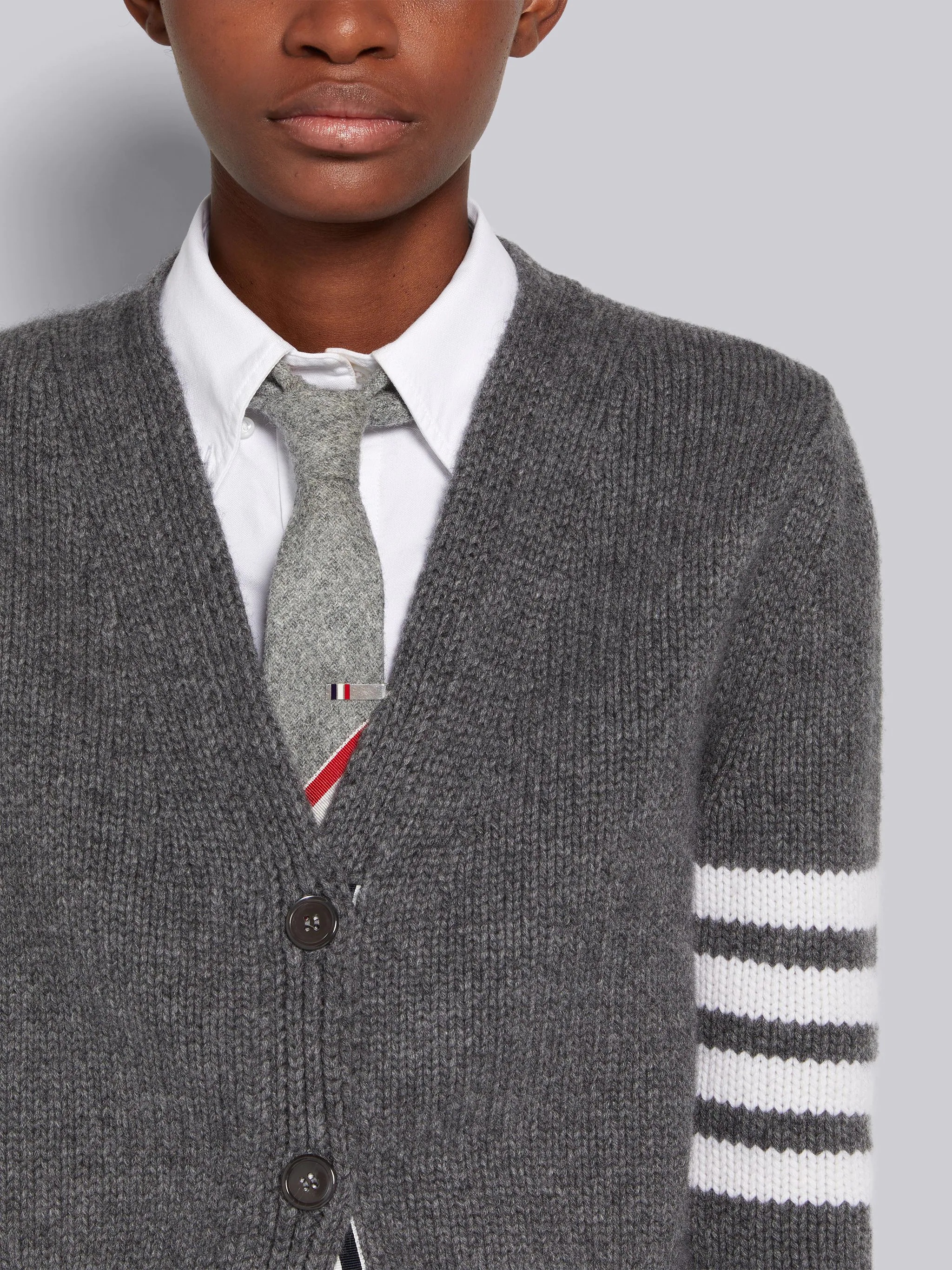 Thom Browne Medium Grey Cashmere 4-Bar Mrs. Thom Pearl Embroidery Classic  V-Neck Cardigan