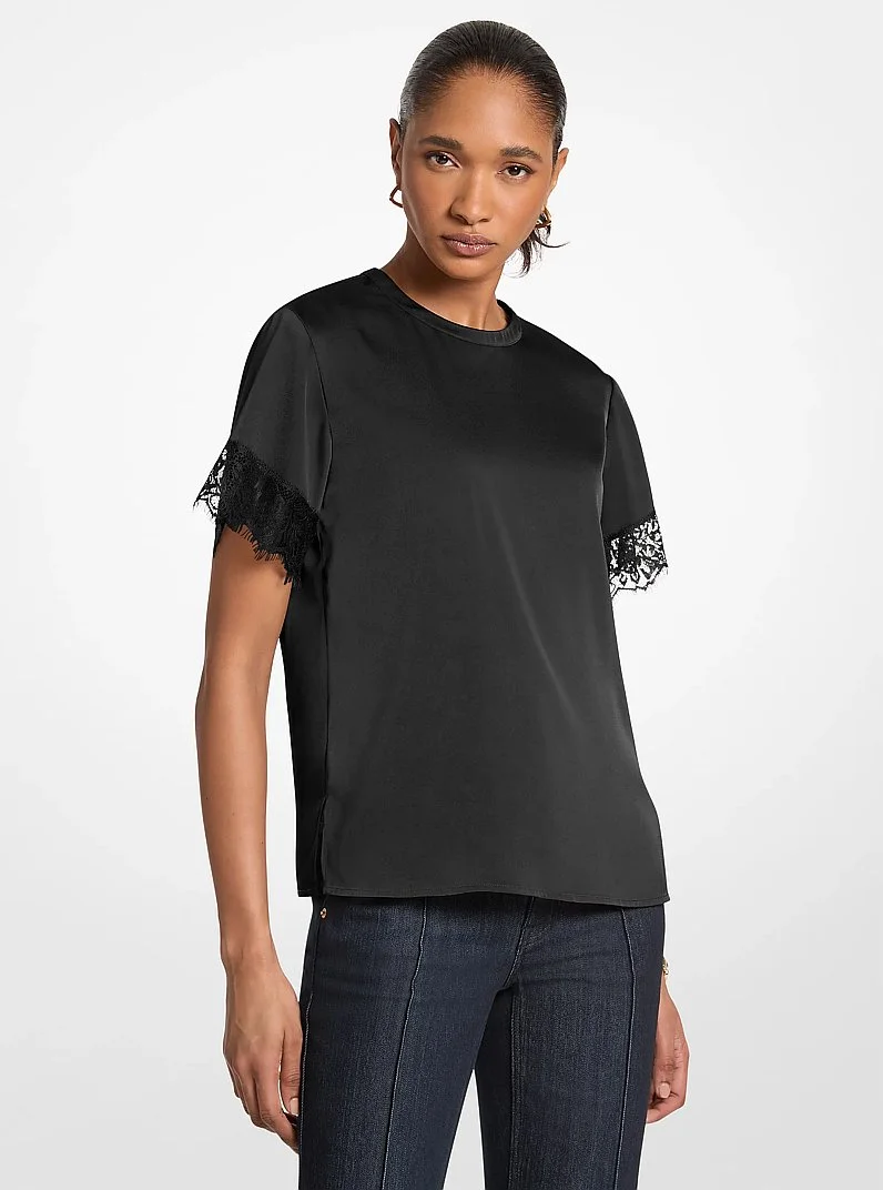 Satin Lace Trim Shirt - 1