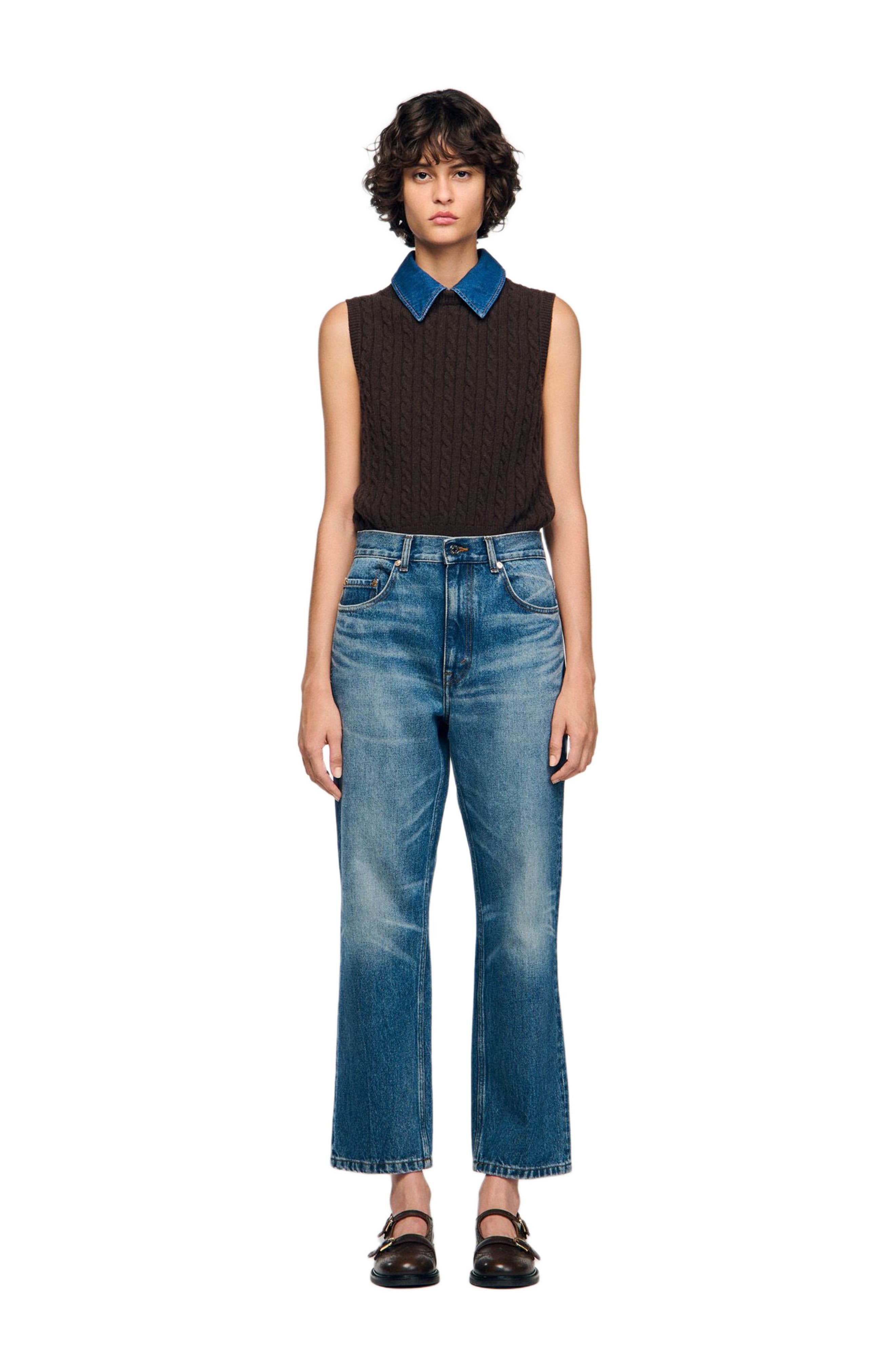 SANDRO Knit and denim sweater in Brown at Nordstrom - 3