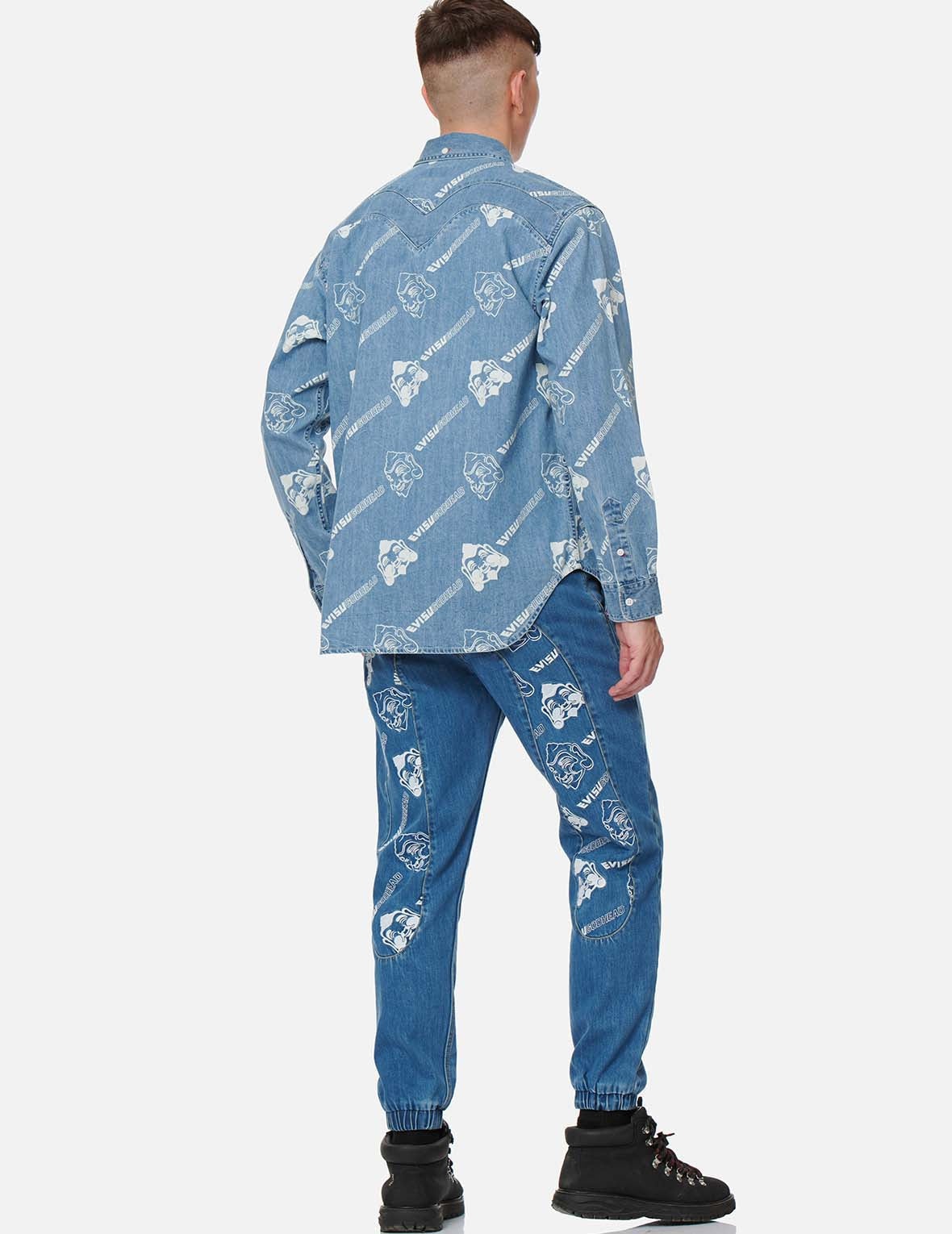 Allover Godhead and Logo Discharged  Print Denim Shirt - 6