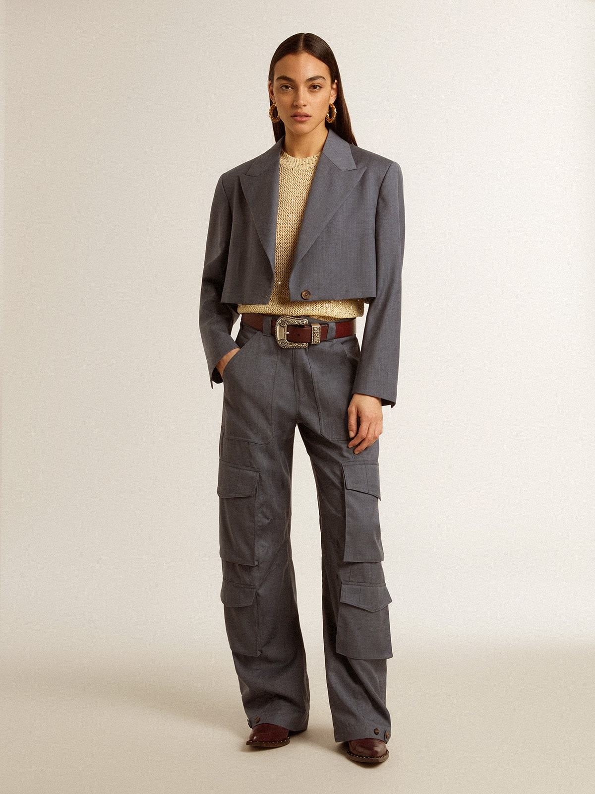 Women's single-breasted cropped jacket in baby blue wool - 6