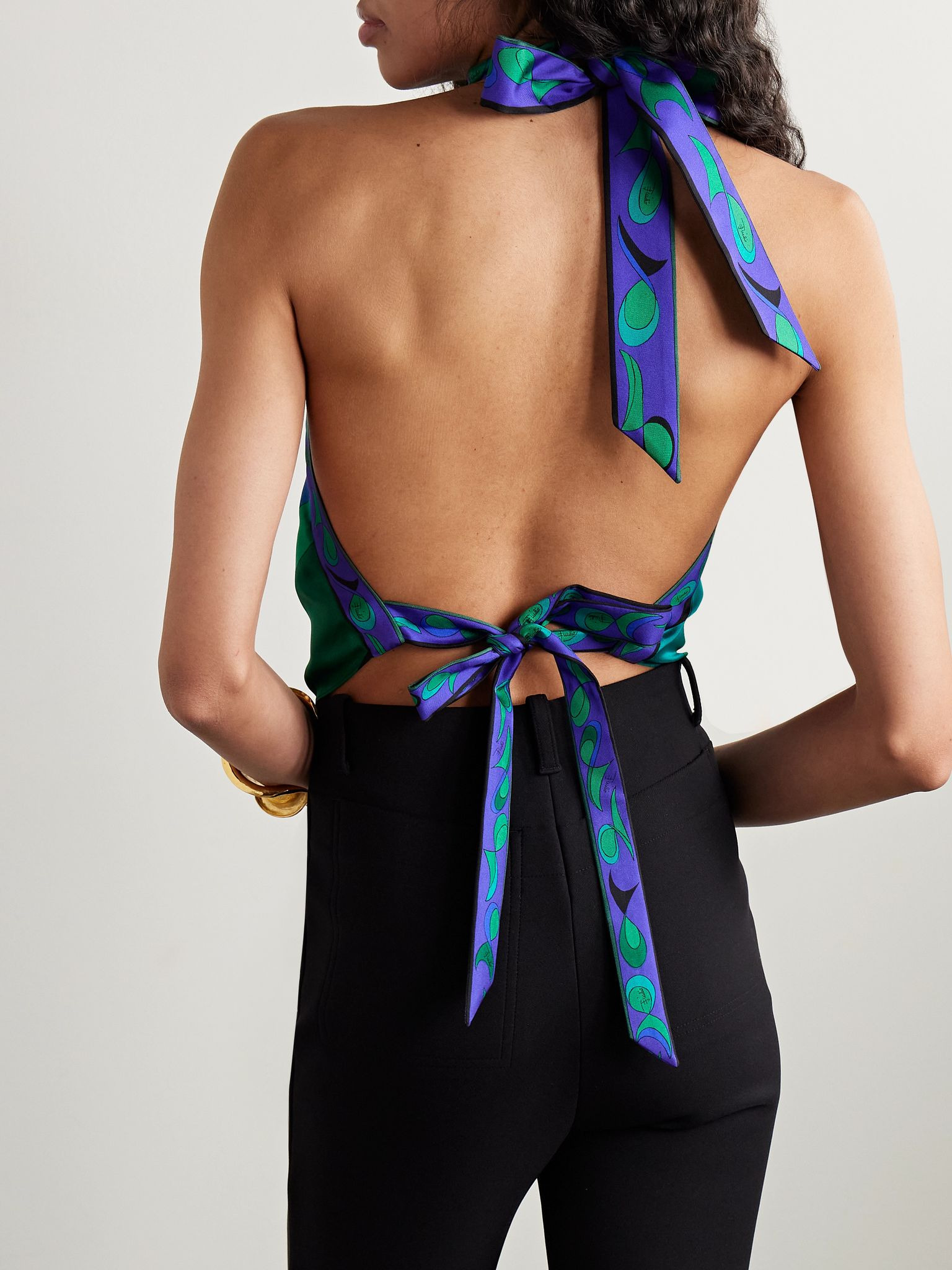 Cropped printed silk-twill halterneck top Blue - 3